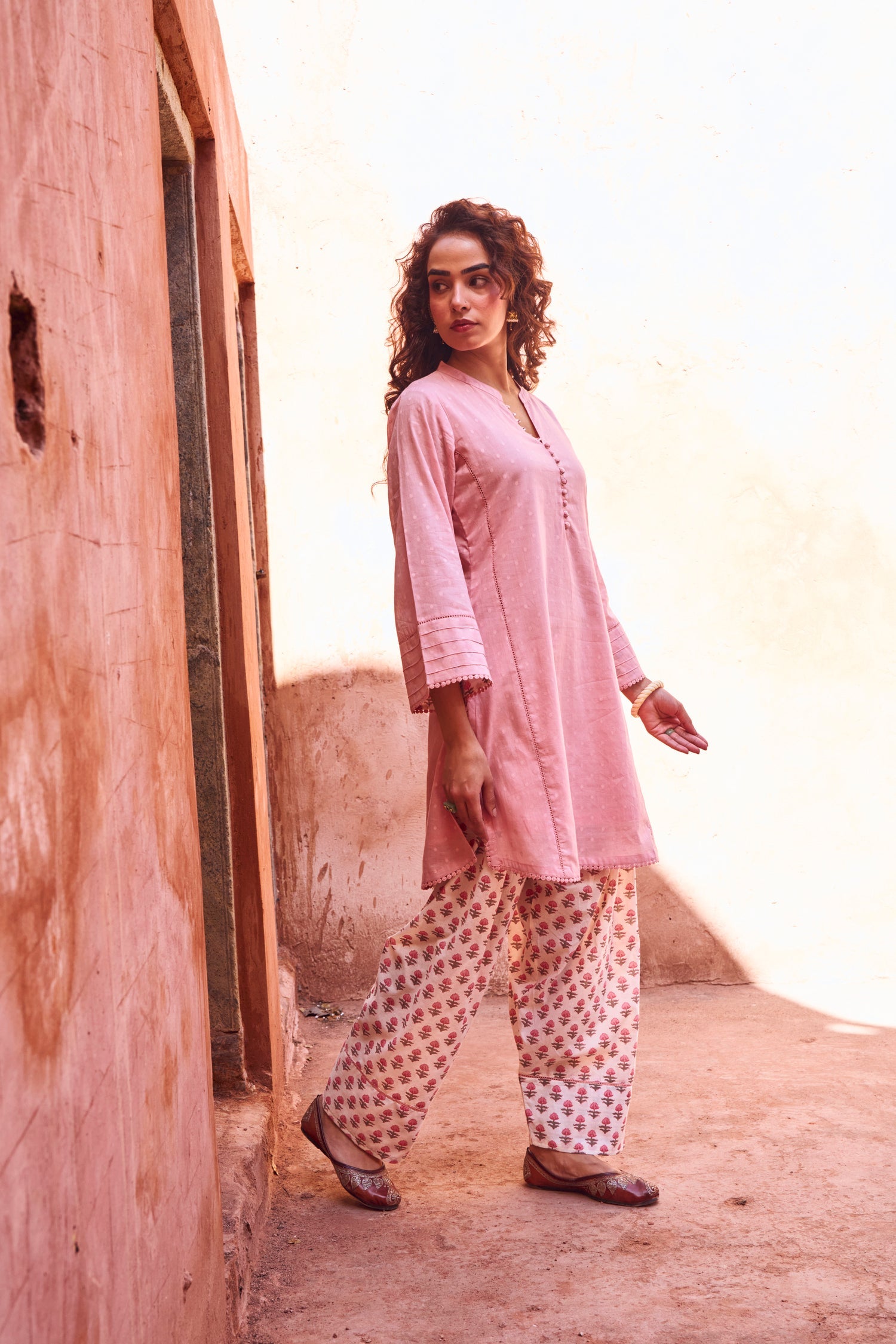 PINK DOBBY MULMUL KURTA WITH FARSI SALWAR