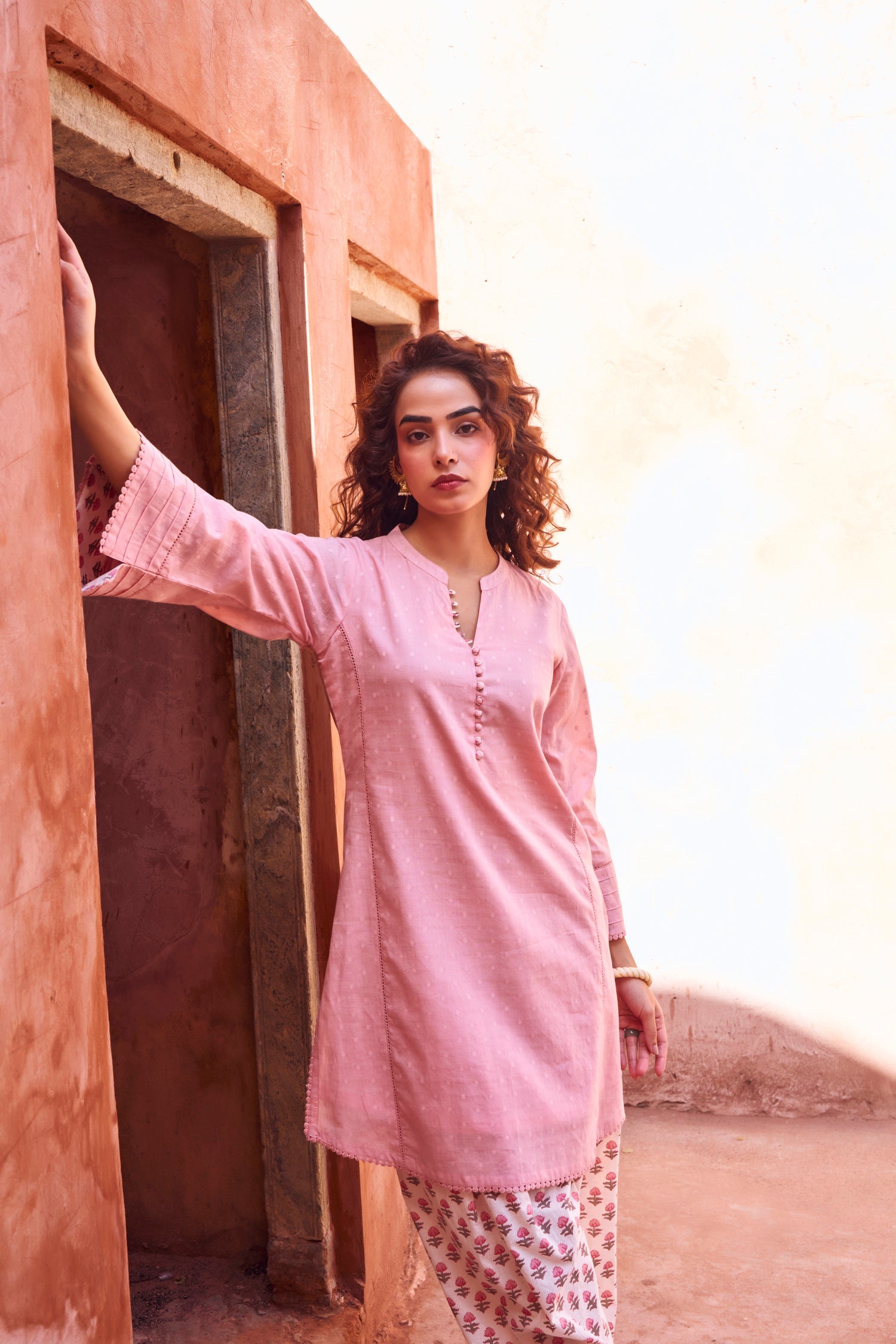PINK DOBBY MULMUL KURTA WITH FARSI SALWAR