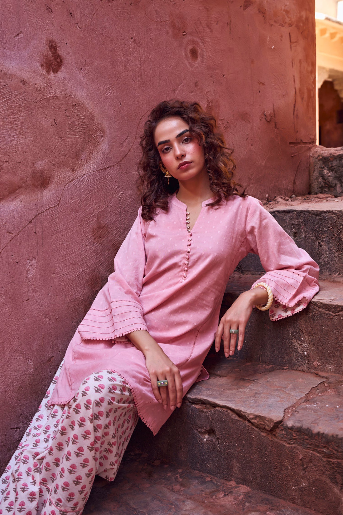PINK DOBBY MULMUL KURTA WITH FARSI SALWAR