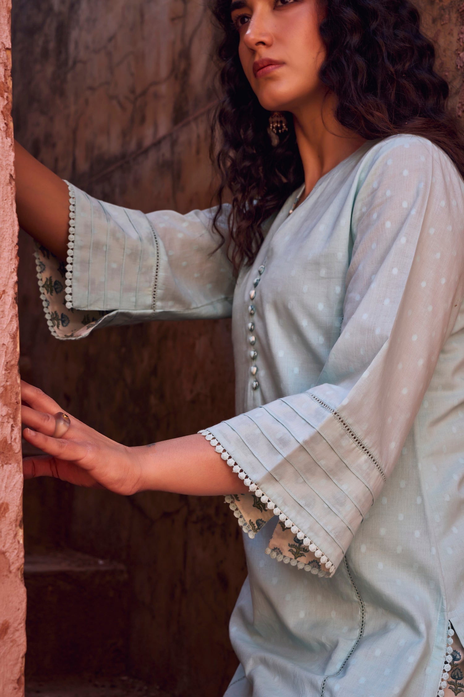 POWDER BLUE DOBBY MULMUL KURTA WITH FARSI SALWAR