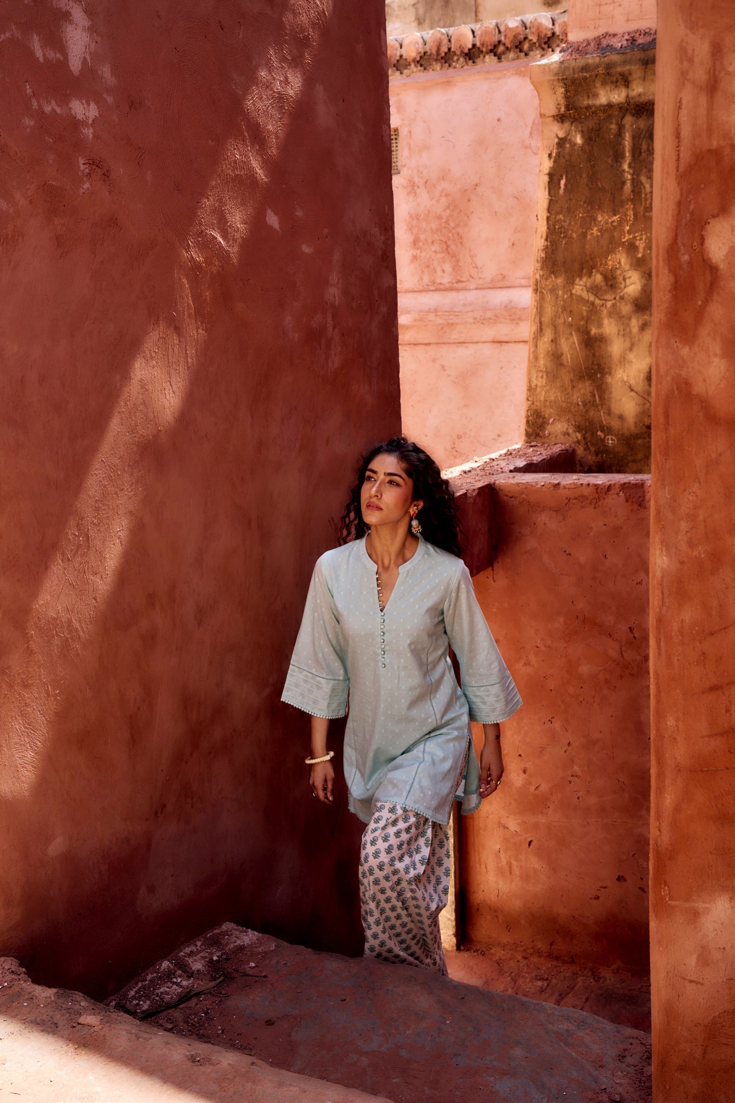POWDER BLUE DOBBY MULMUL KURTA WITH FARSI SALWAR