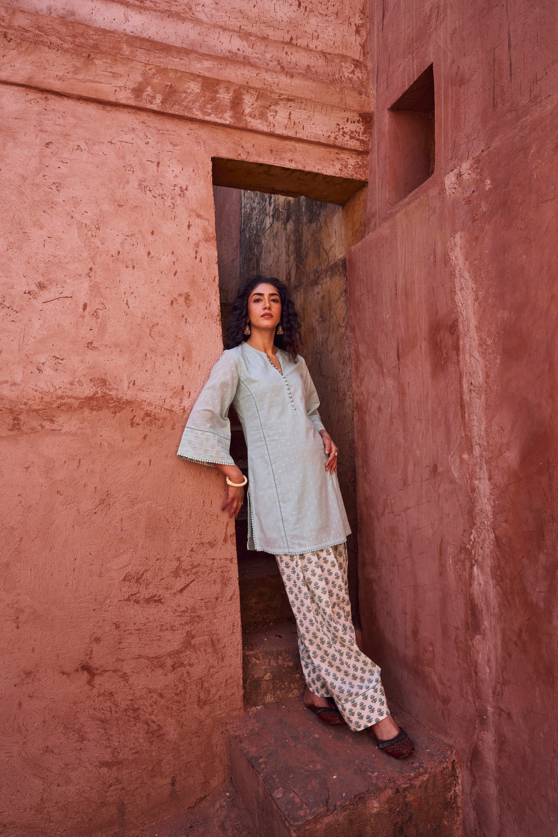 POWDER BLUE DOBBY MULMUL KURTA WITH FARSI SALWAR