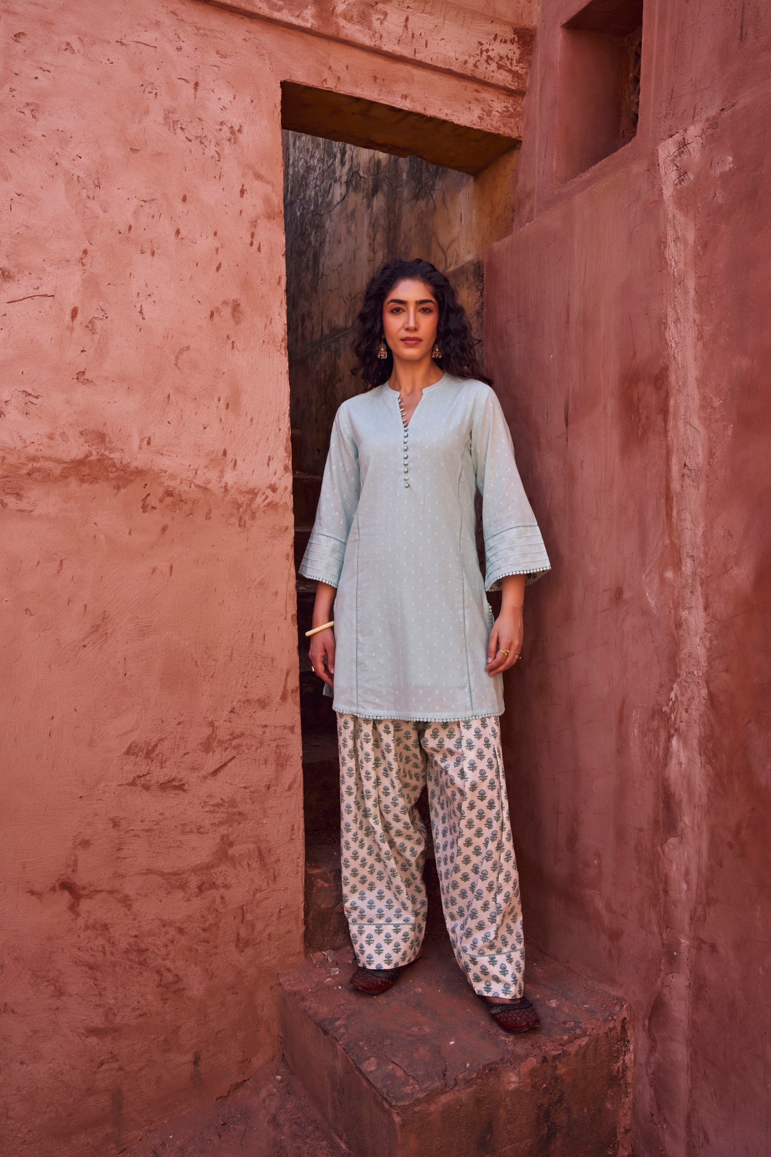POWDER BLUE DOBBY MULMUL KURTA WITH FARSI SALWAR