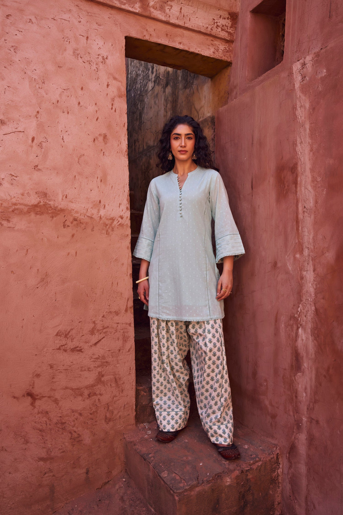 POWDER BLUE DOBBY MULMUL KURTA WITH FARSI SALWAR