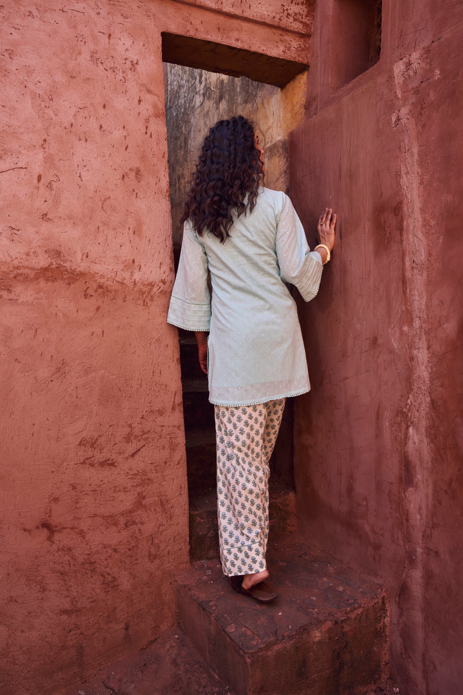 POWDER BLUE DOBBY MULMUL KURTA WITH FARSI SALWAR