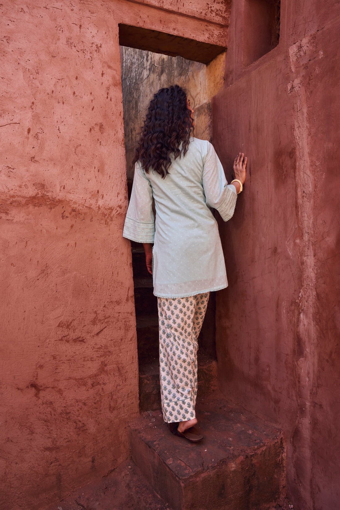 POWDER BLUE DOBBY MULMUL KURTA WITH FARSI SALWAR