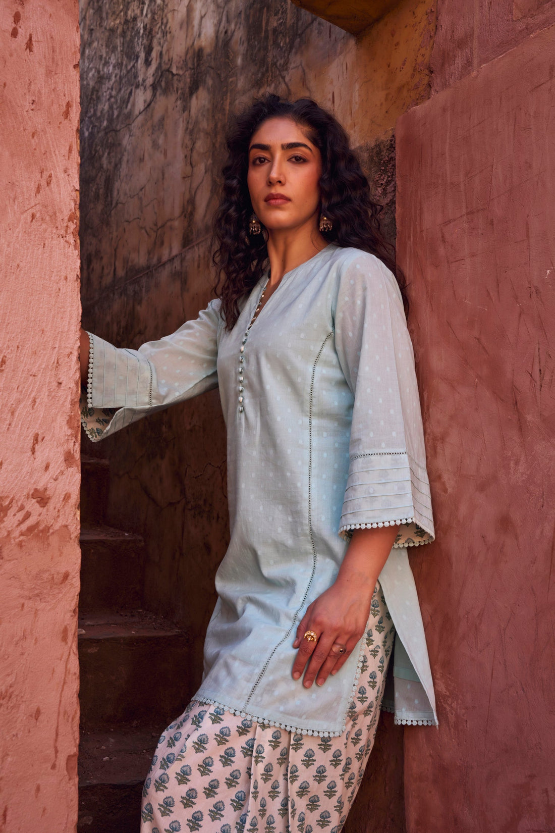 POWDER BLUE DOBBY MULMUL KURTA WITH FARSI SALWAR