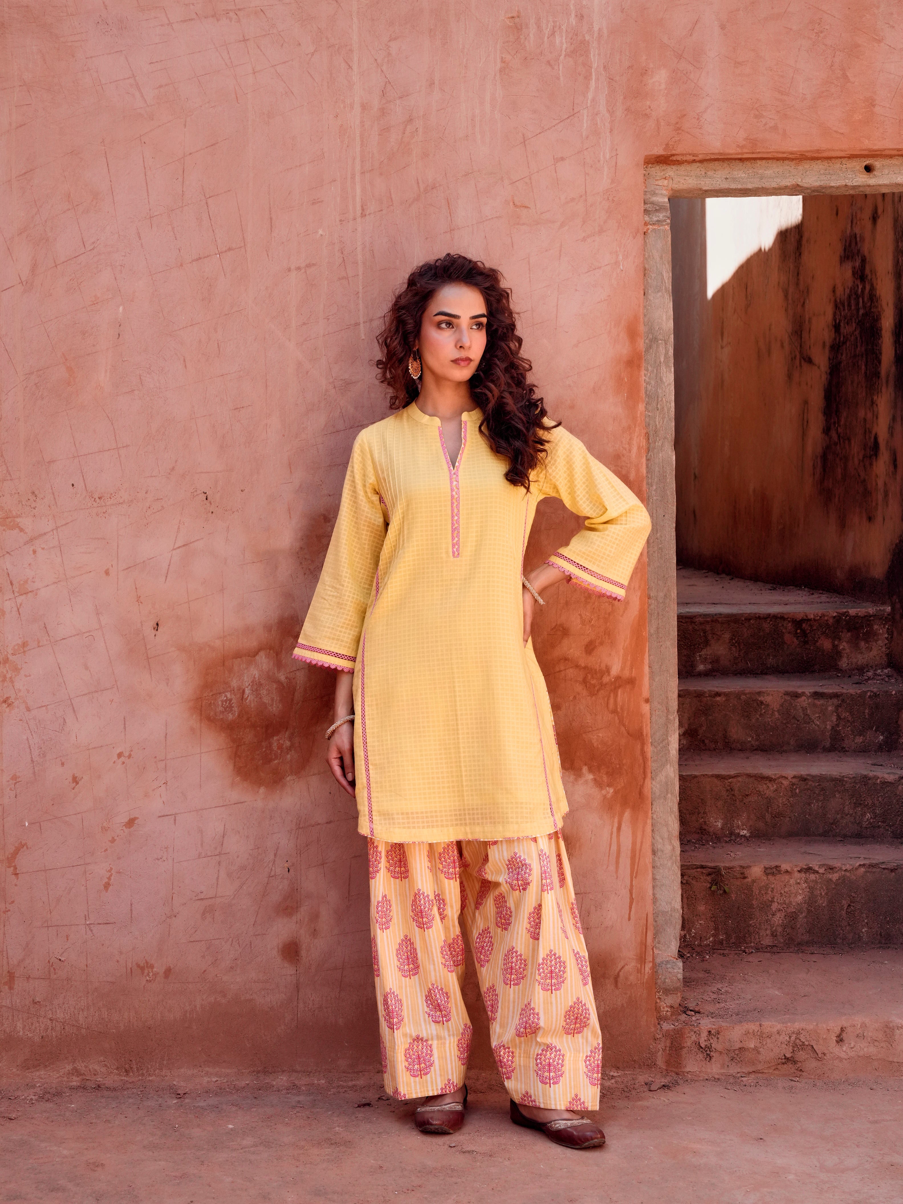 YELLOW LACE WORK KURTA WITH FARSI SALWAR
