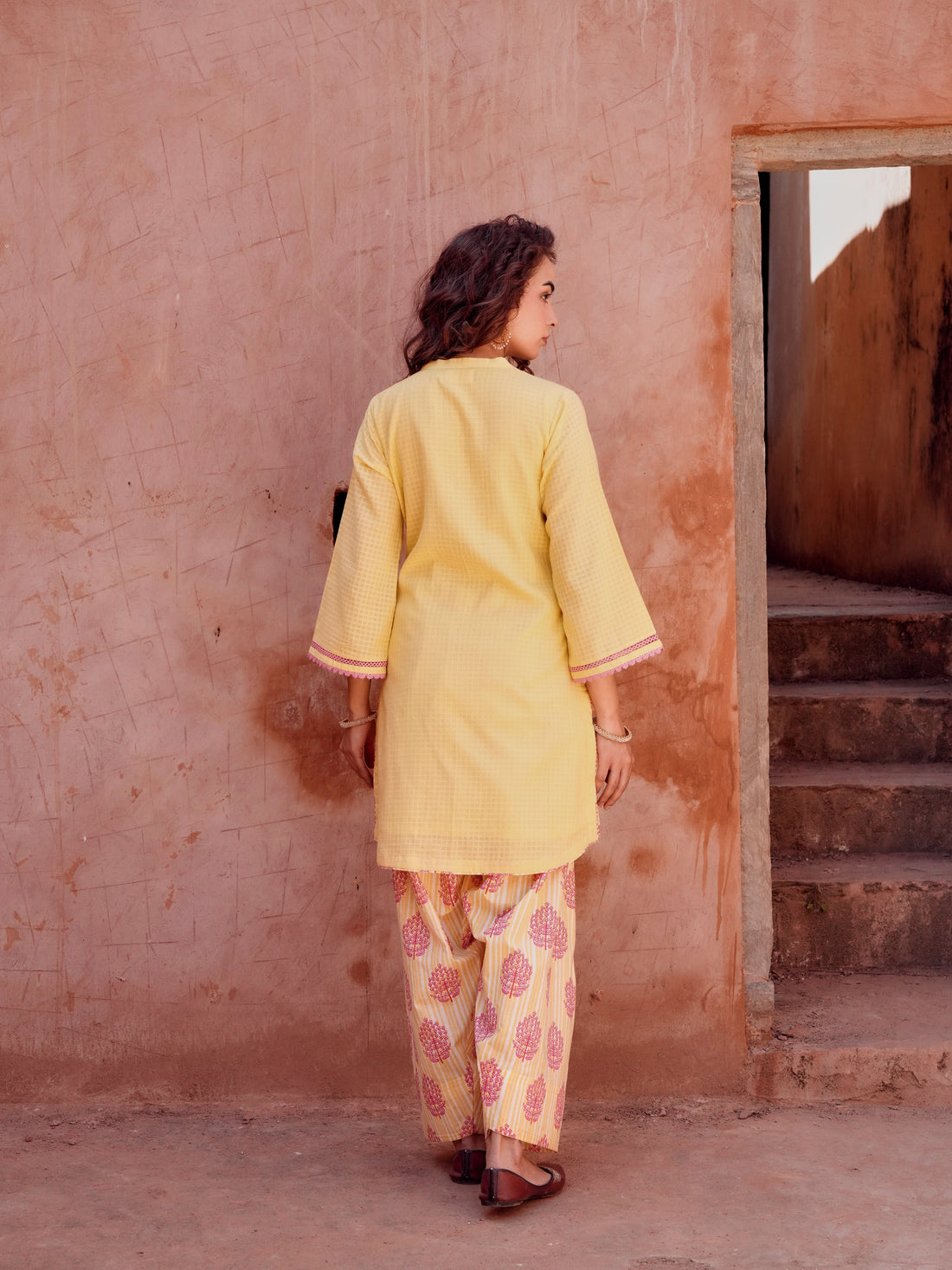 YELLOW LACE WORK KURTA WITH FARSI SALWAR