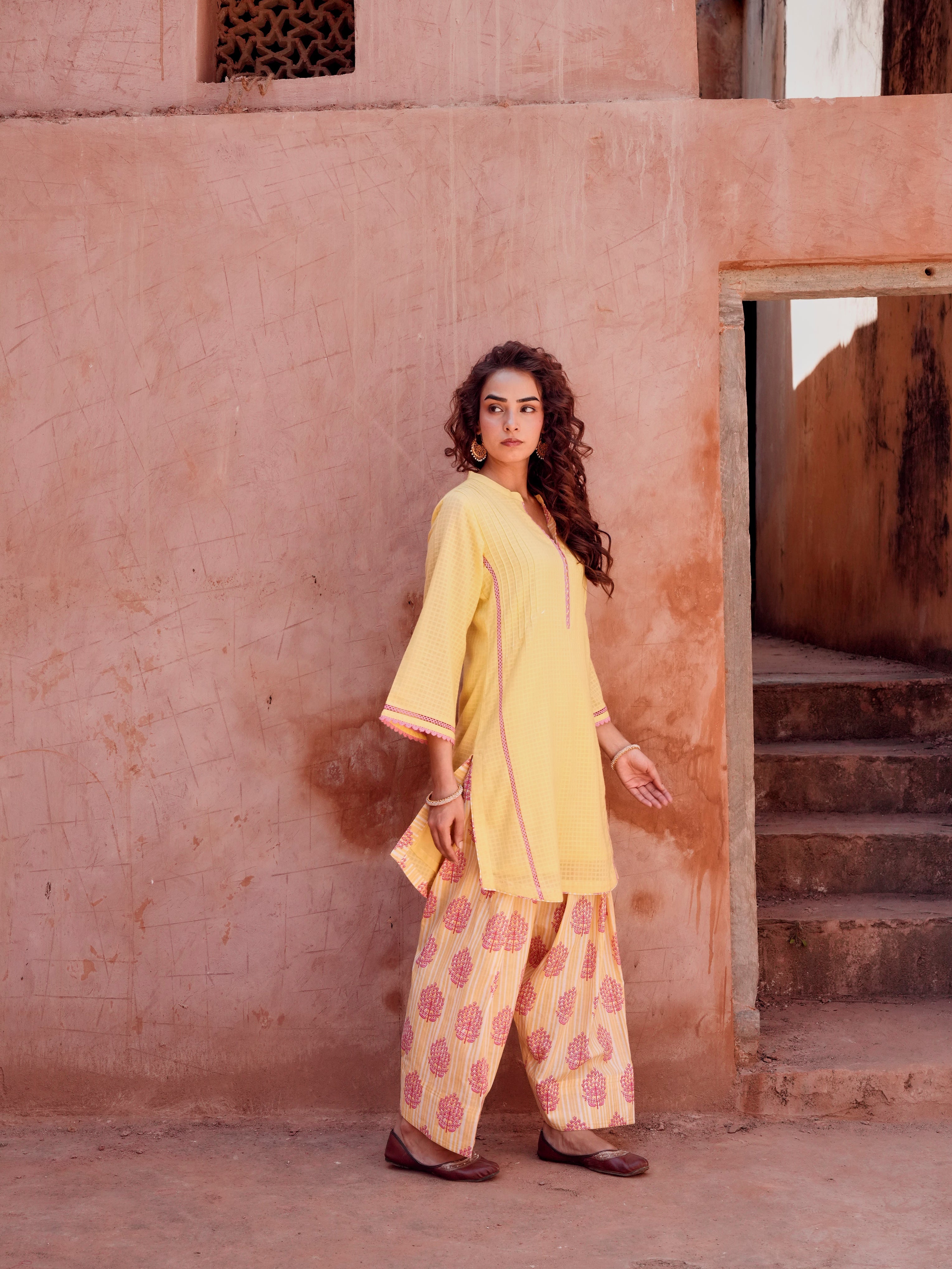 YELLOW LACE WORK KURTA WITH FARSI SALWAR