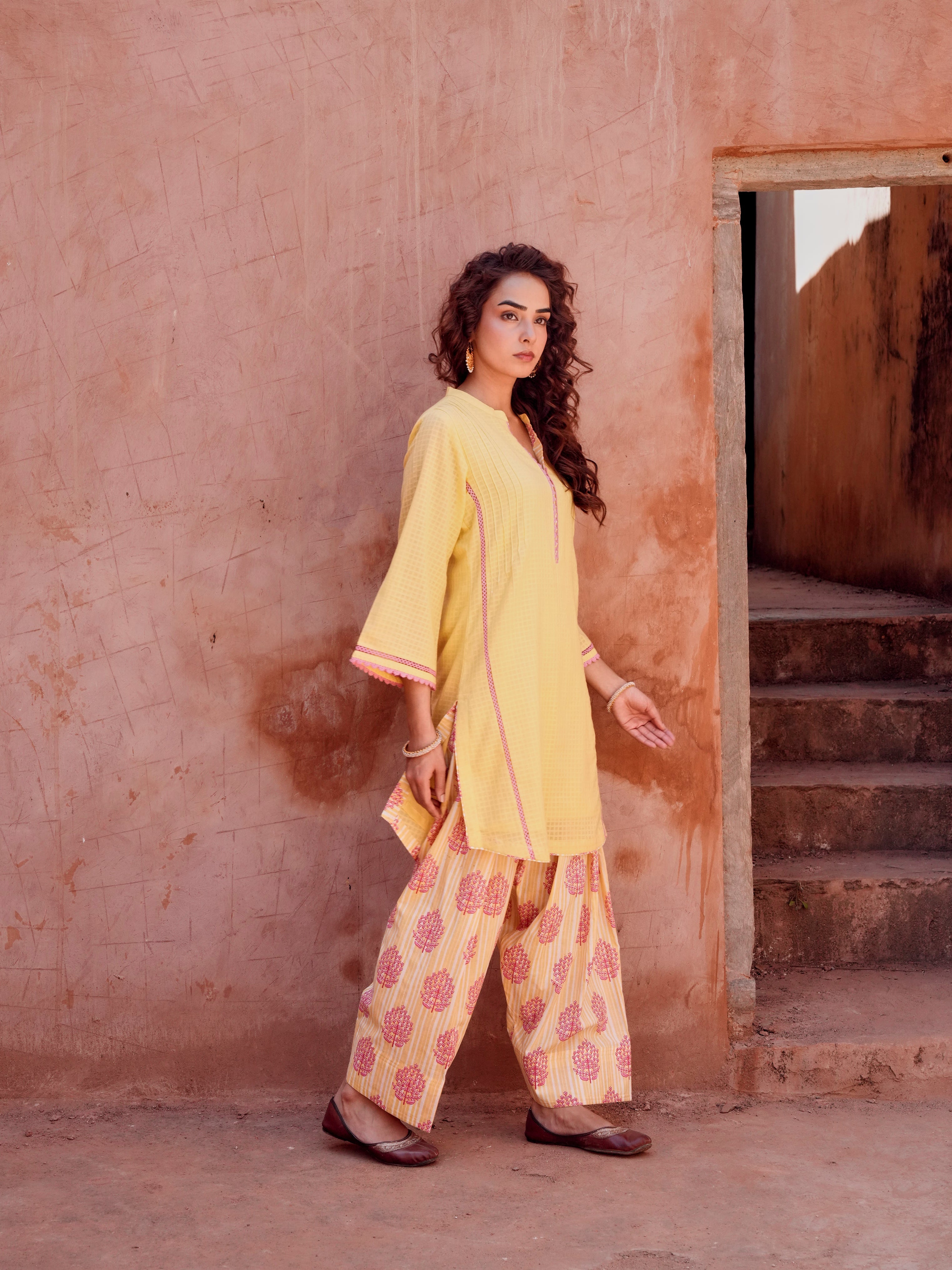 YELLOW LACE WORK KURTA WITH FARSI SALWAR