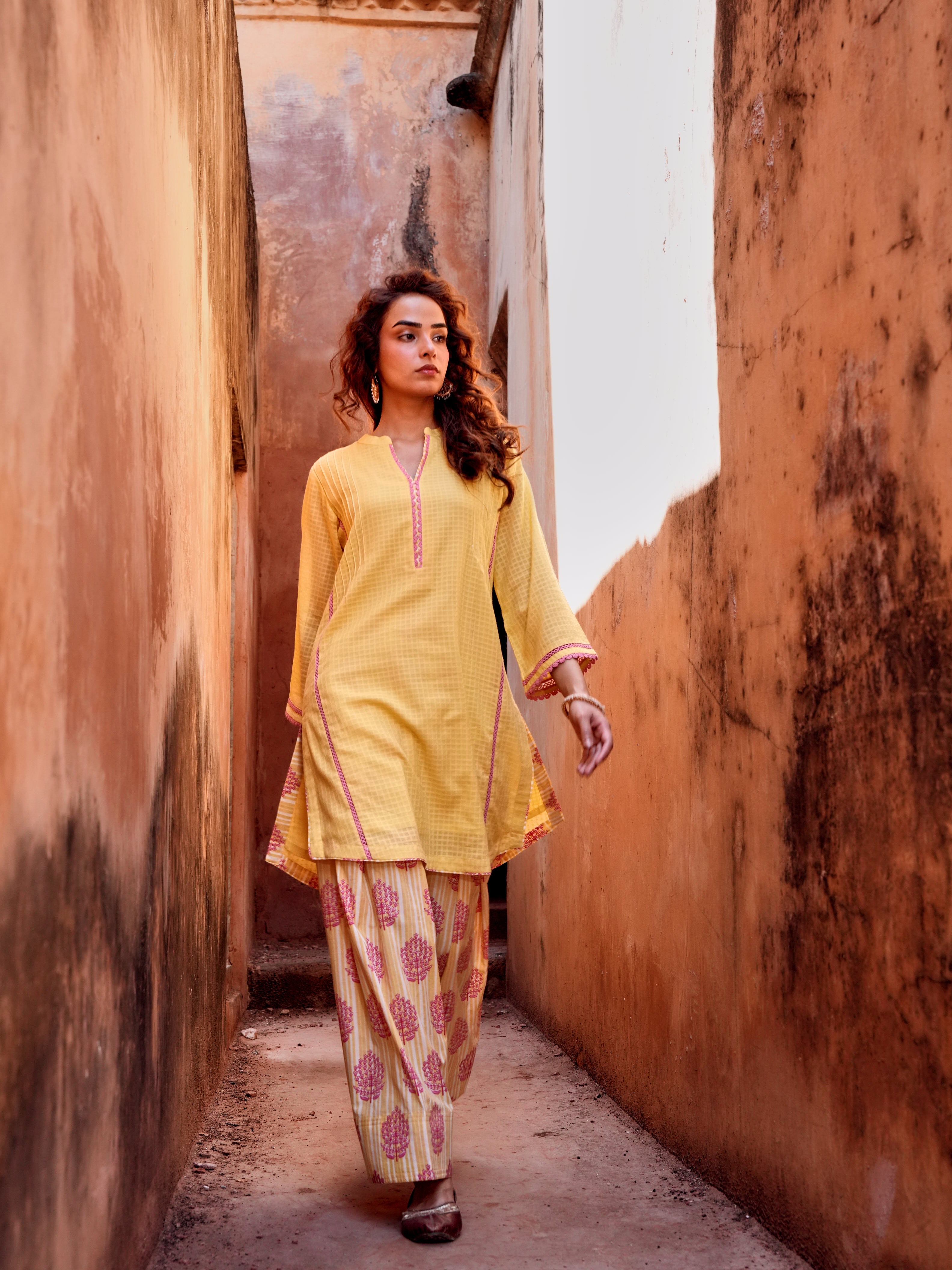 YELLOW LACE WORK KURTA WITH FARSI SALWAR