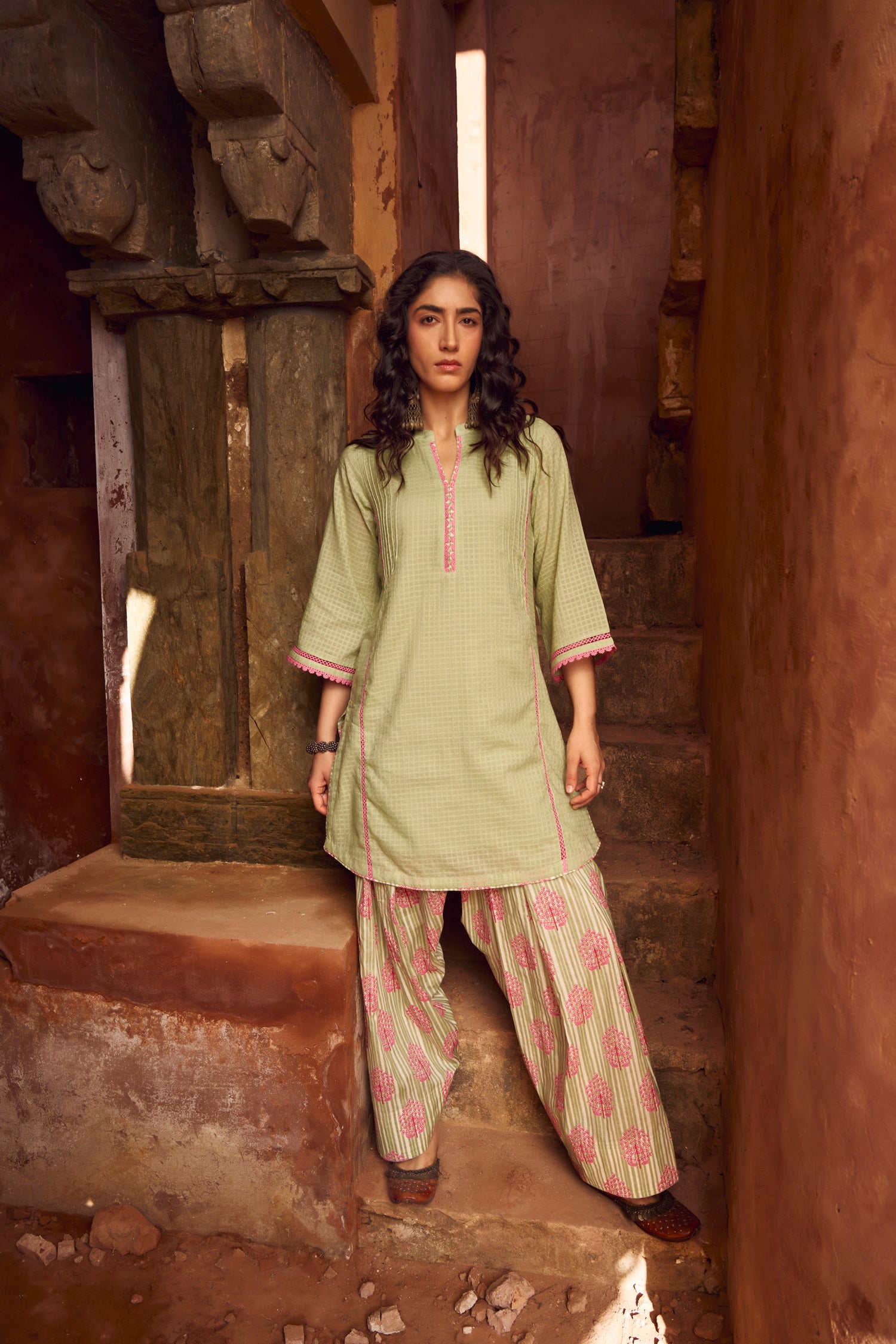 PISTA GREEN LACE WORK KURTA WITH FARSI SALWAR