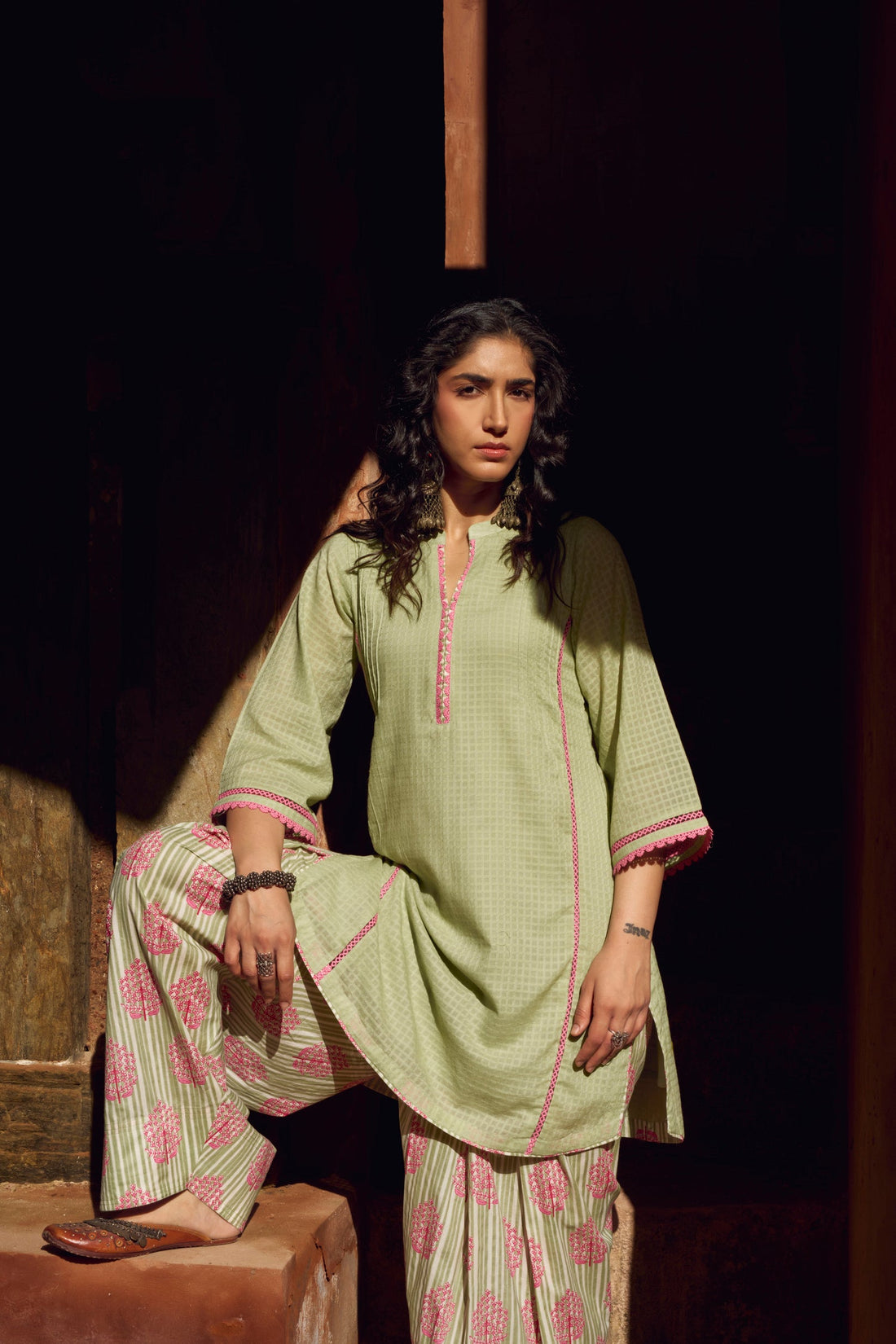 PISTA GREEN LACE WORK KURTA WITH FARSI SALWAR