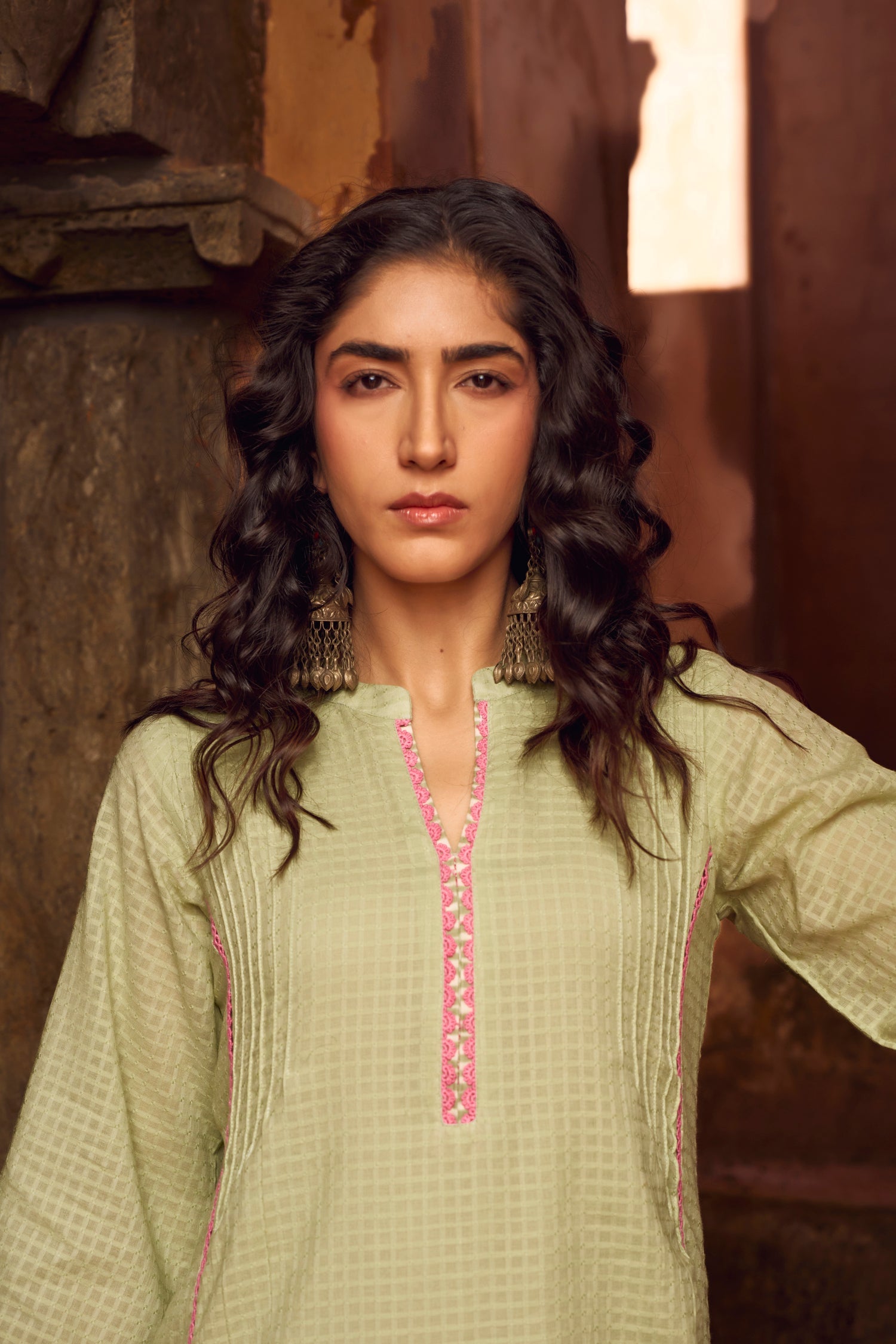 PISTA GREEN LACE WORK KURTA WITH FARSI SALWAR