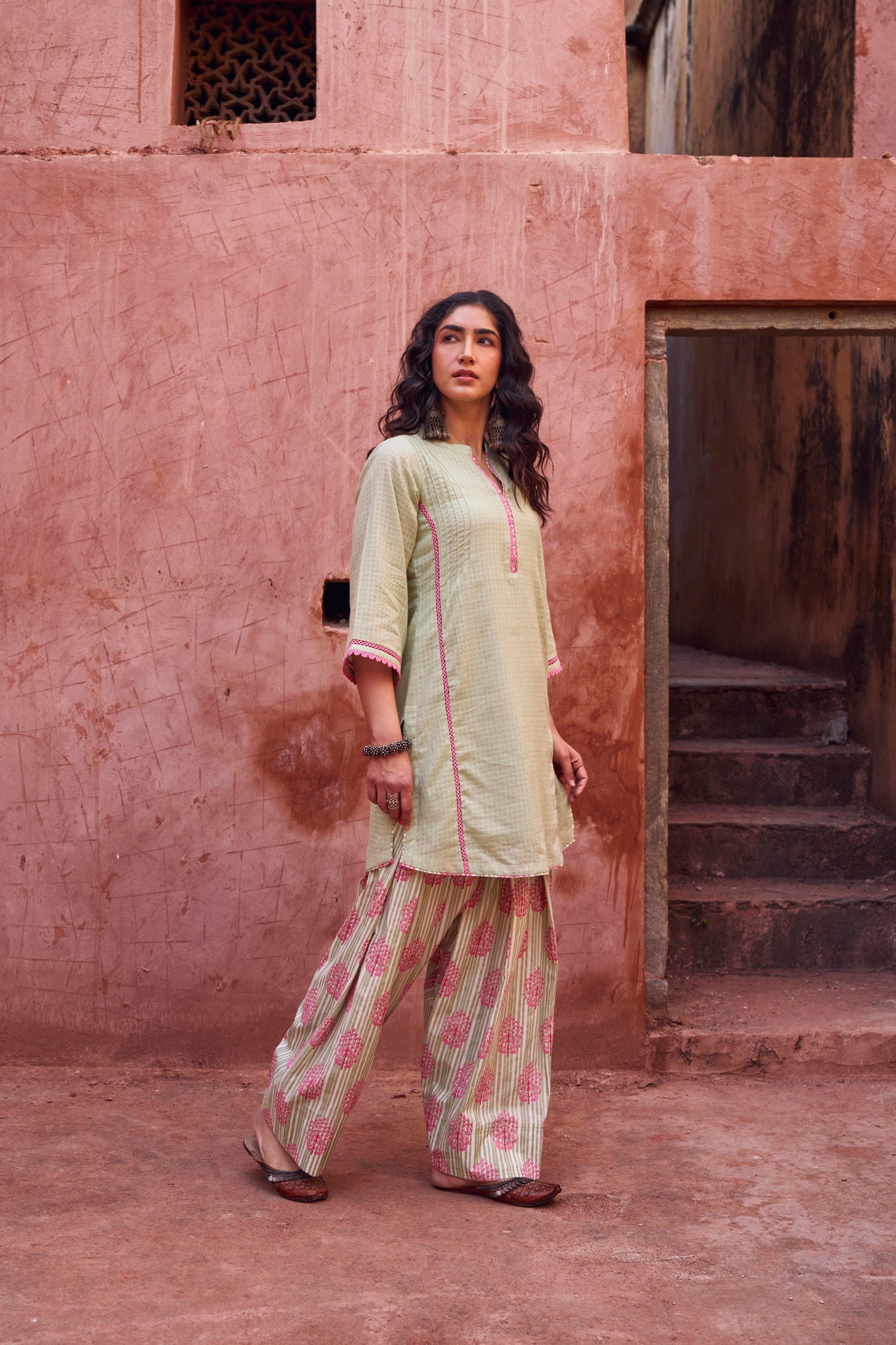 PISTA GREEN LACE WORK KURTA WITH FARSI SALWAR