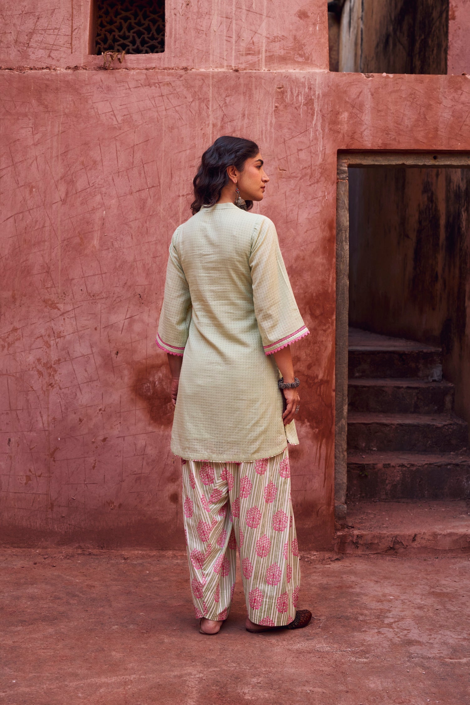 PISTA GREEN LACE WORK KURTA WITH FARSI SALWAR