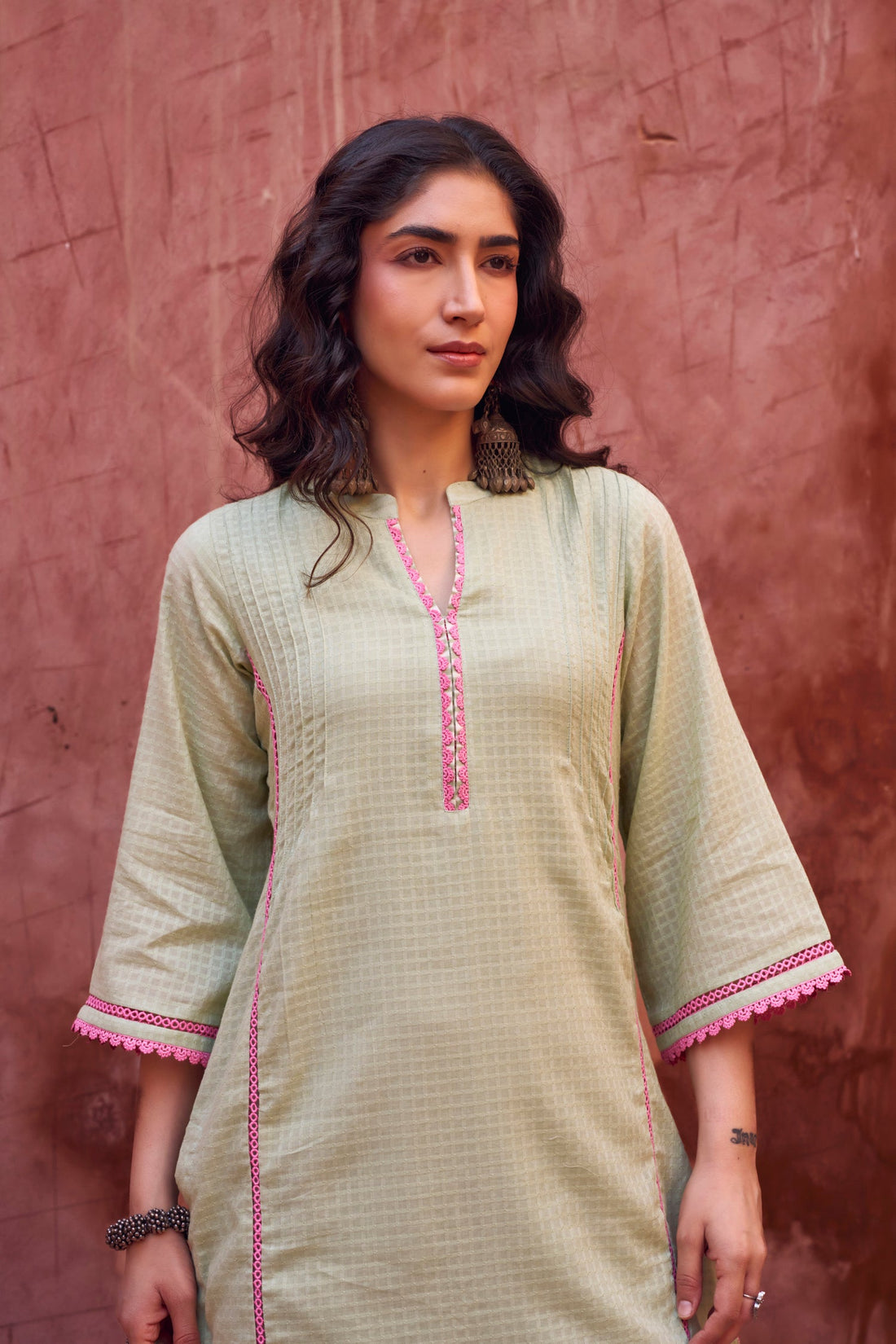 PISTA GREEN LACE WORK KURTA WITH FARSI SALWAR