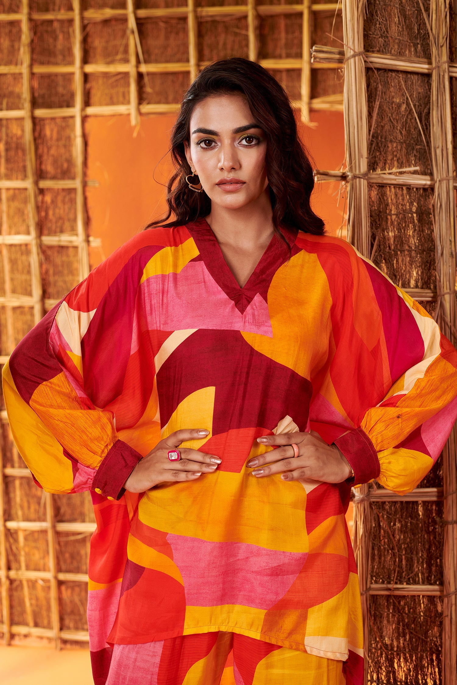 Multicolor Abstract V-neck printed Co-ord Set