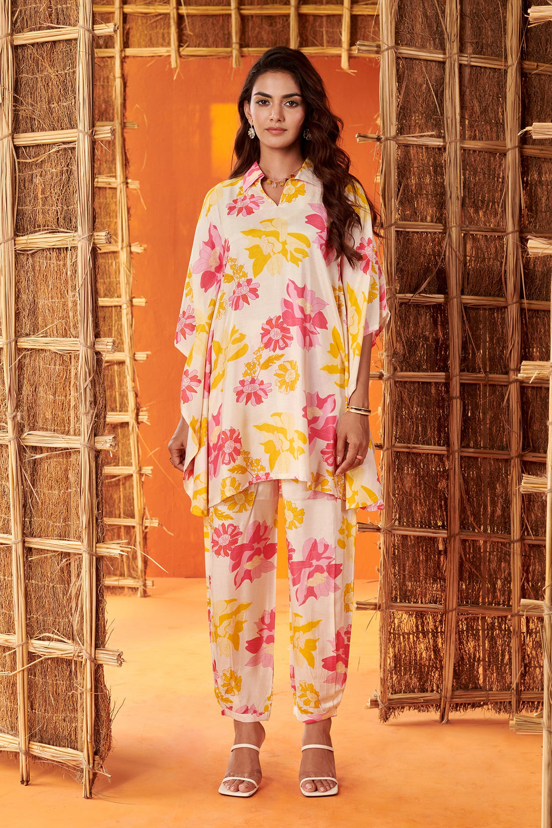 Cream Kaftan Style Co-ord Set In Floral Print