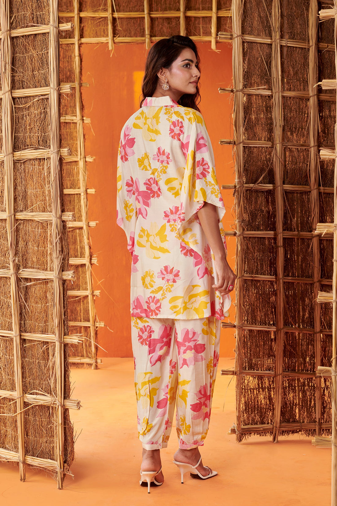 Cream Kaftan Style Co-ord Set In Floral Print