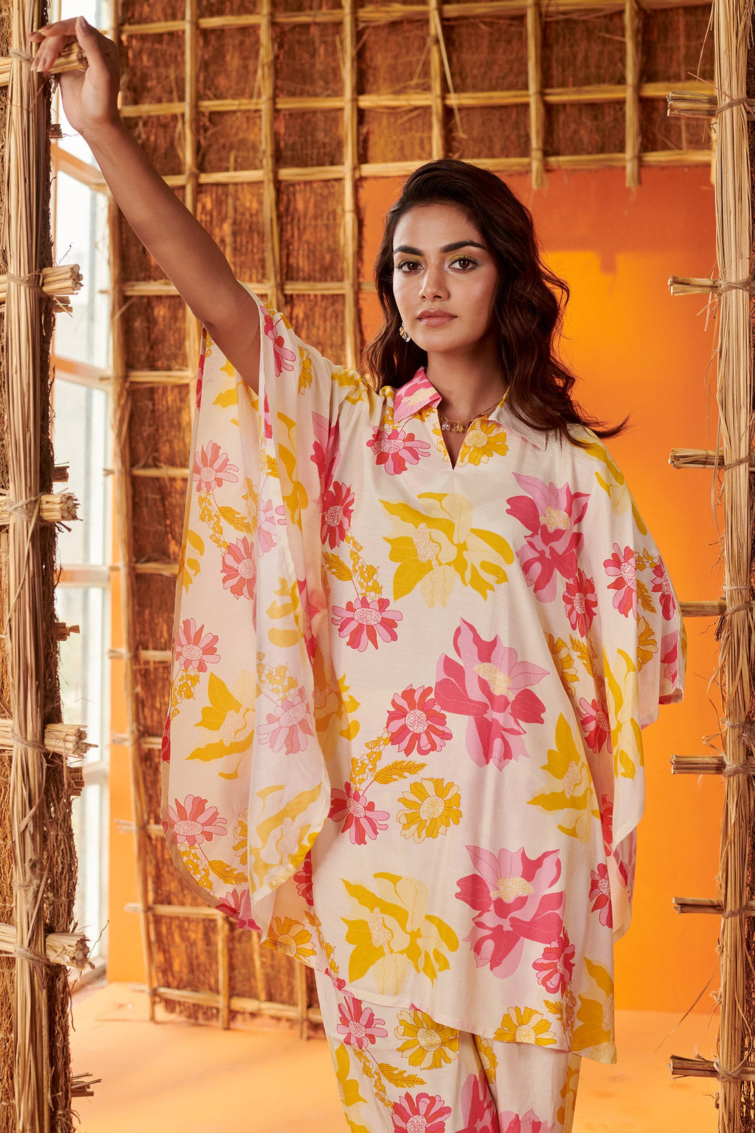 Cream Kaftan Style Co-ord Set In Floral Print
