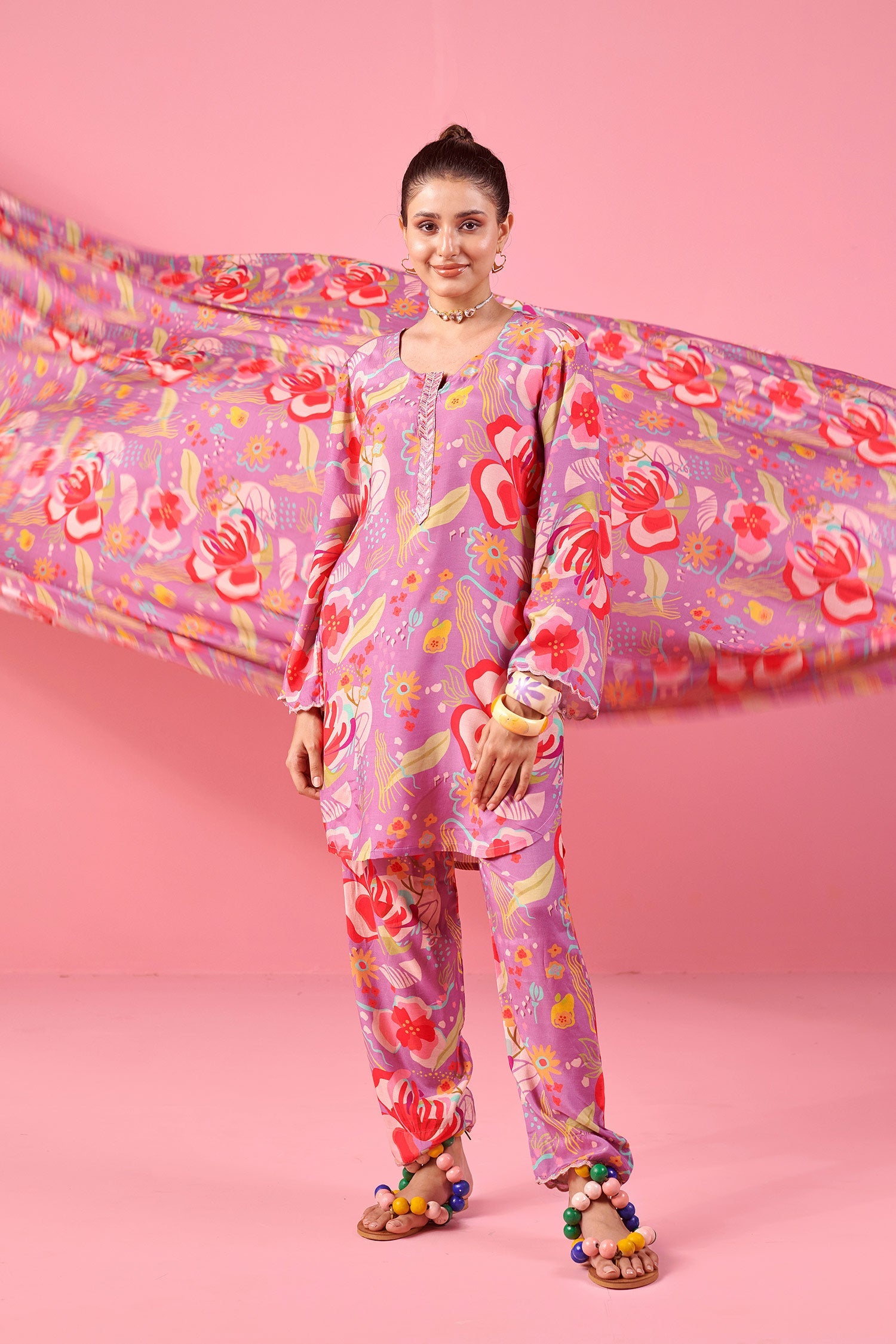 Purple Printed Co-ord Set In Muslin