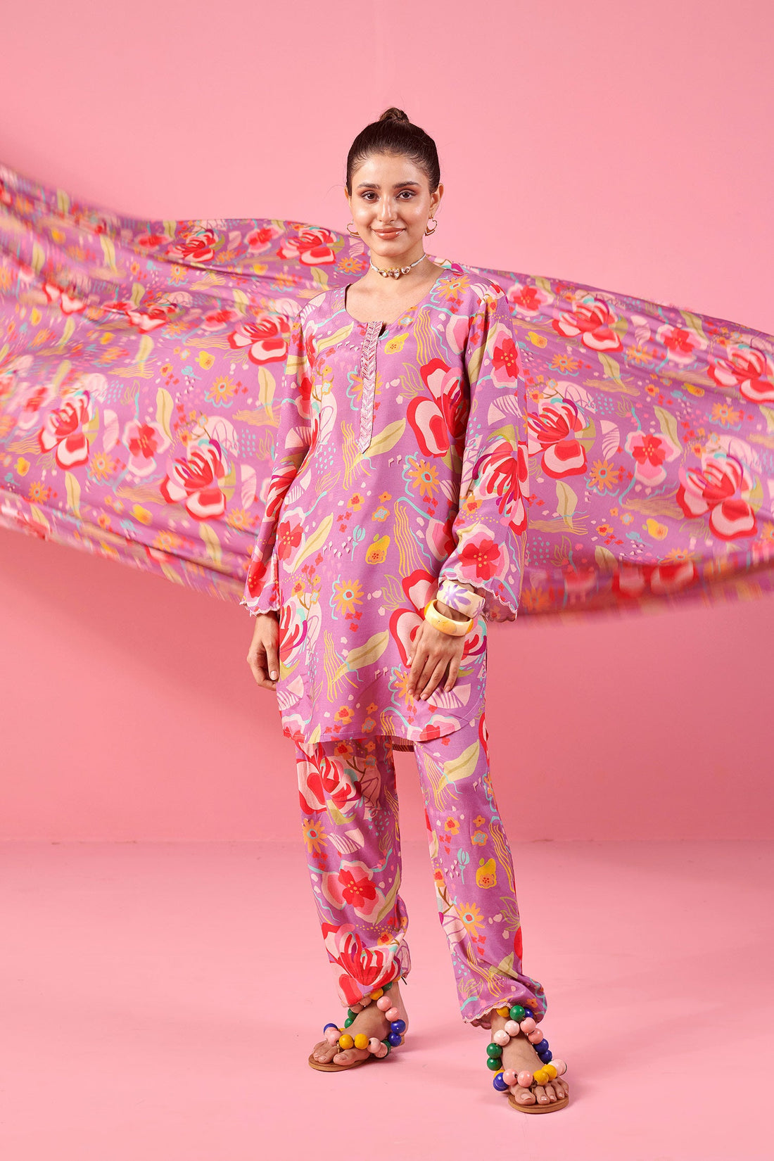 Purple Printed Co-ord Set In Muslin
