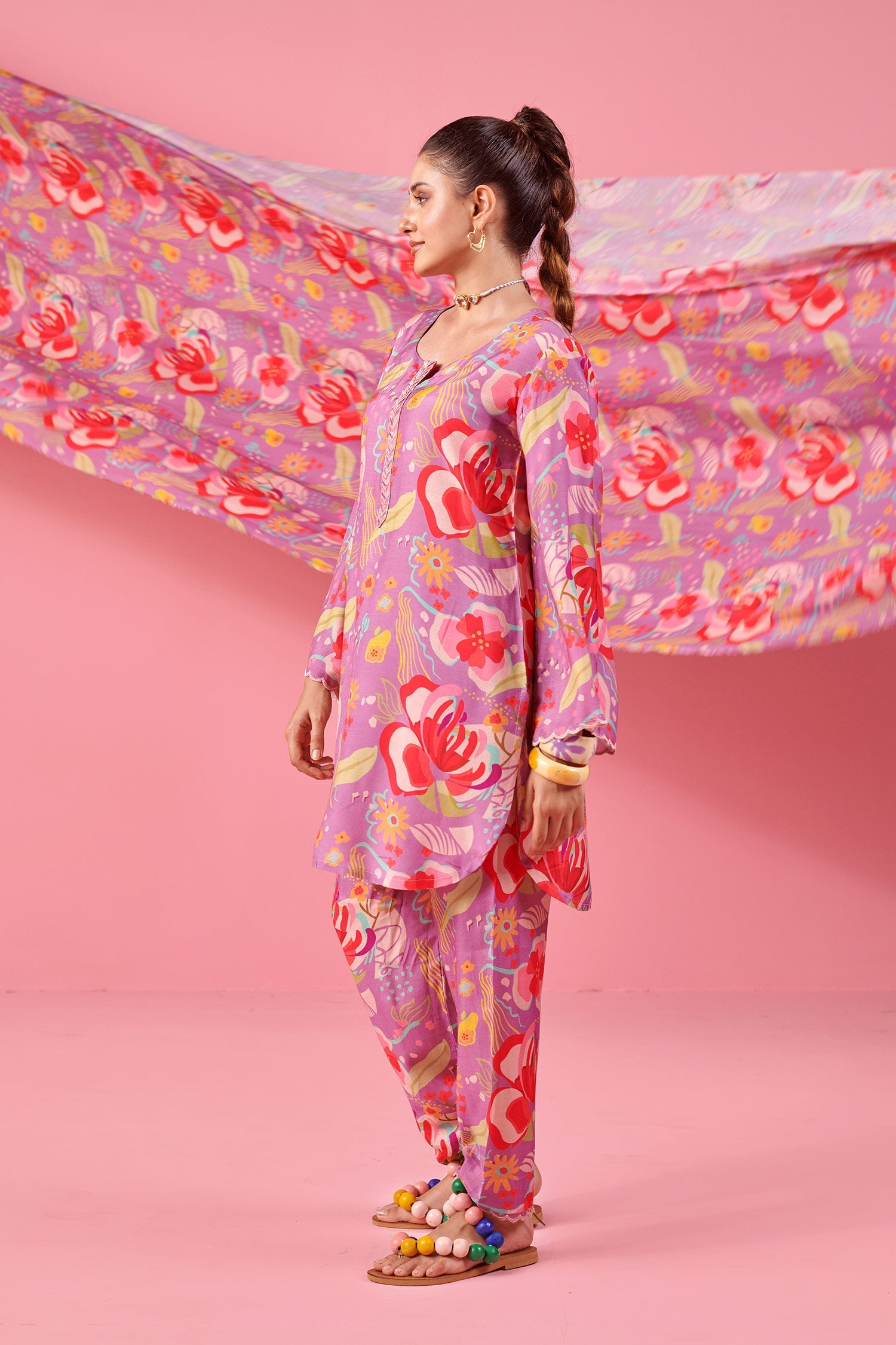 Purple Printed Co-ord Set In Muslin
