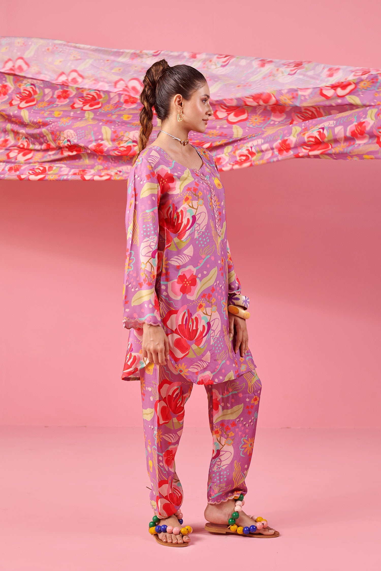 Purple Printed Co-ord Set In Muslin