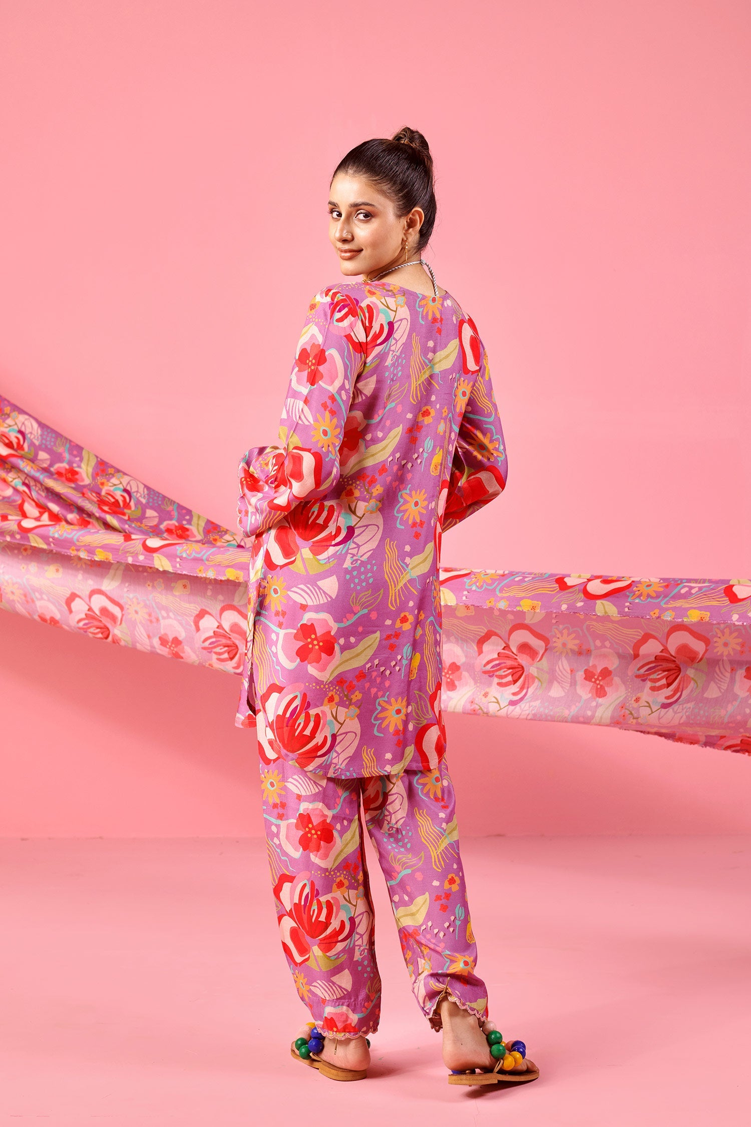 Purple Printed Co-ord Set In Muslin