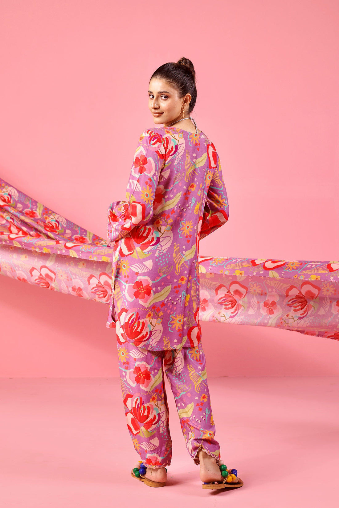 Purple Printed Co-ord Set In Muslin
