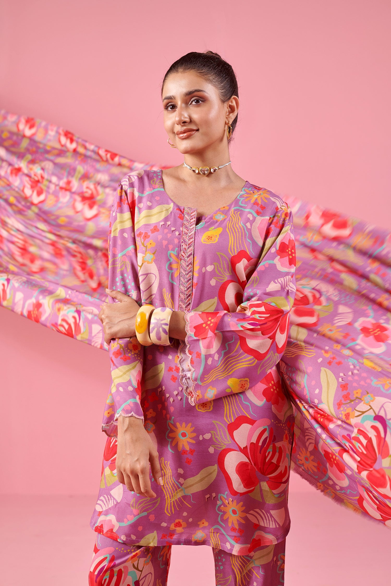 Purple Printed Co-ord Set In Muslin