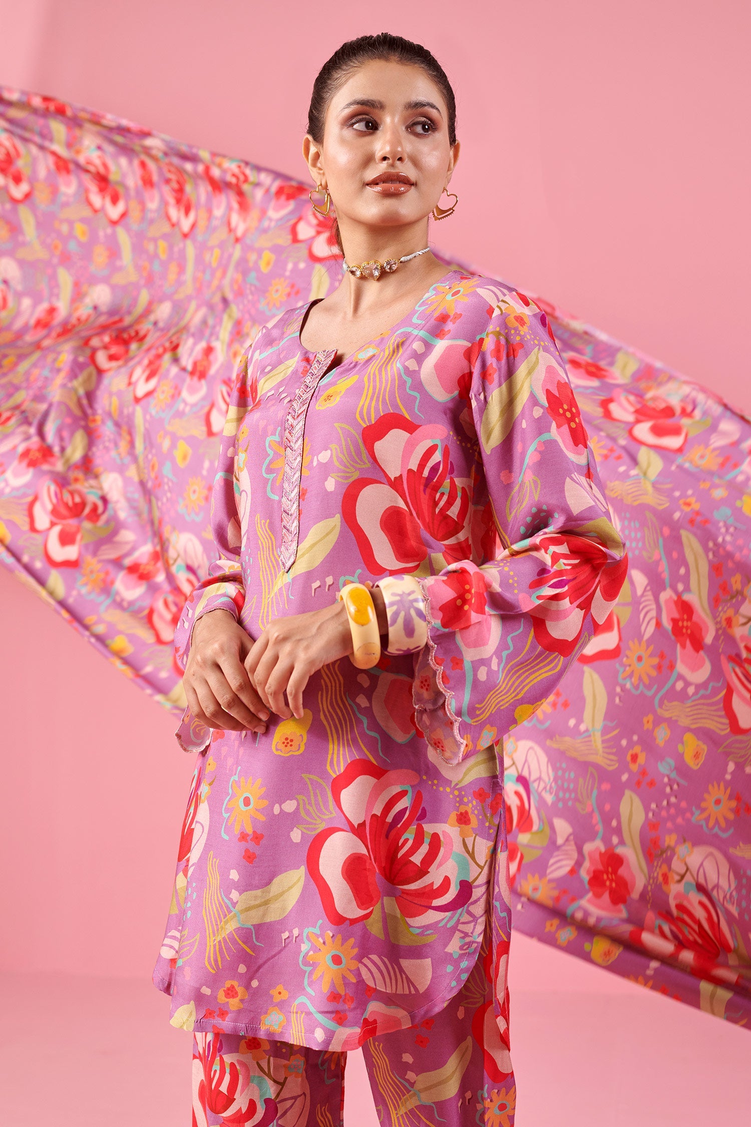 Purple Printed Co-ord Set In Muslin