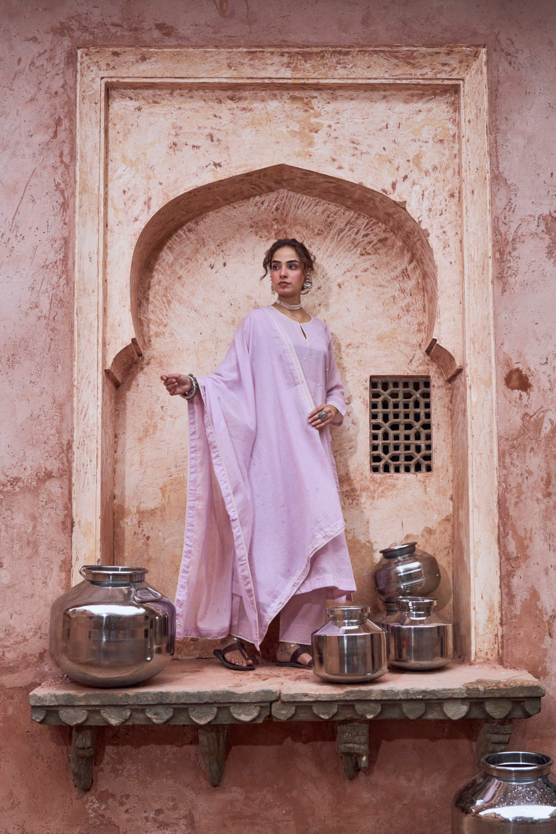 LILAC BEAD WORK SUIT SET IN KOTA DORIA