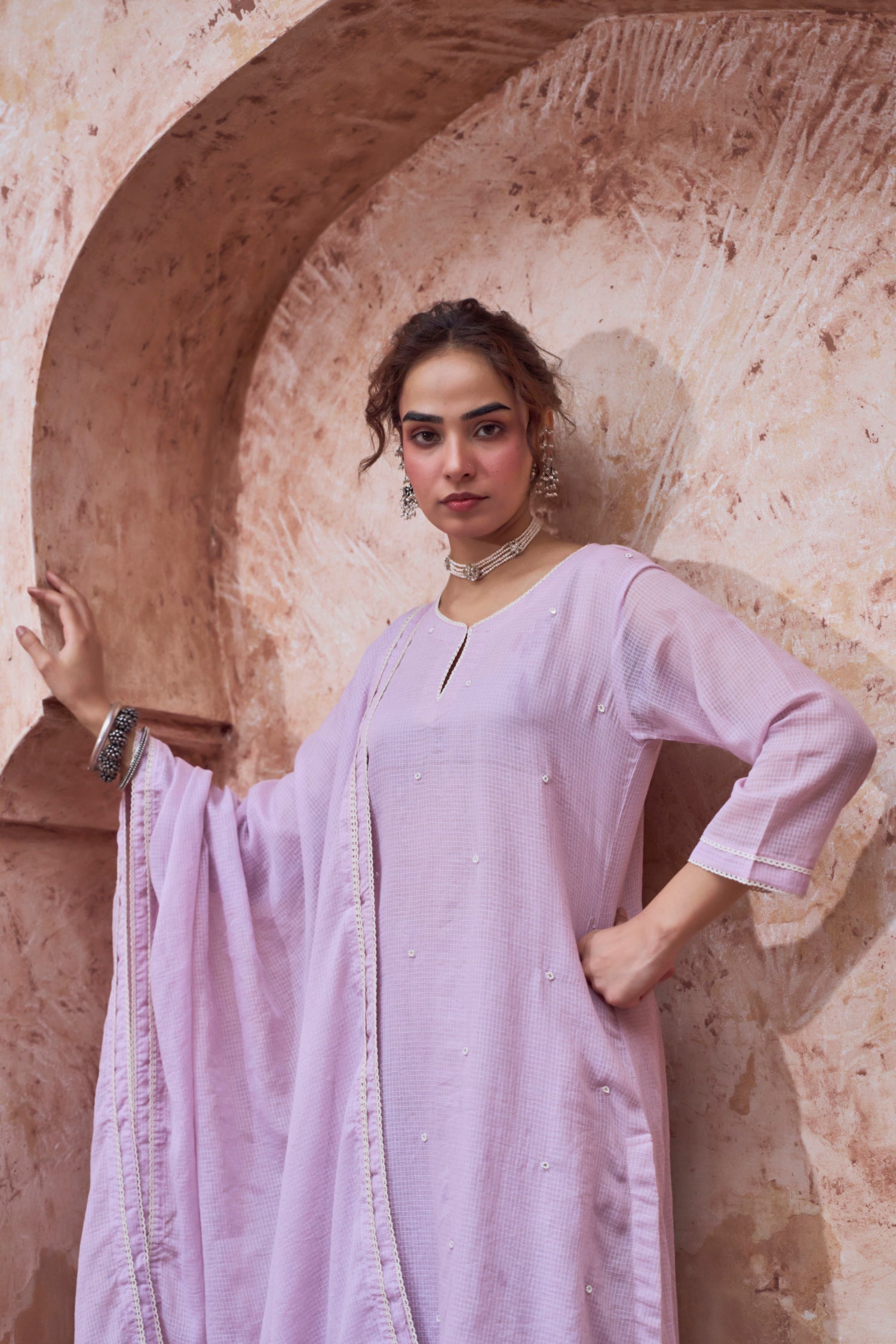 LILAC BEAD WORK SUIT SET IN KOTA DORIA