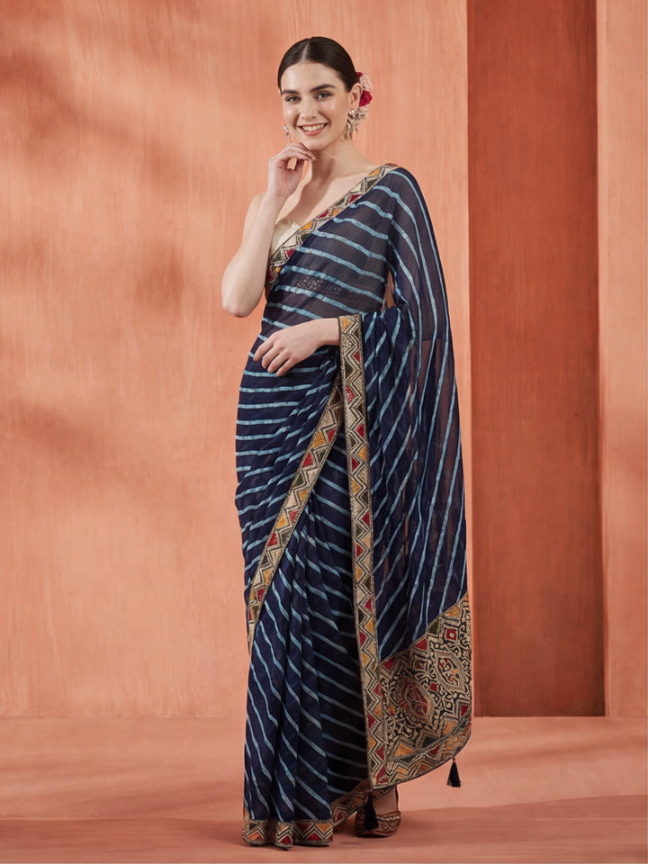 Blue Leheriya Embroidered Pure Georgette Saree