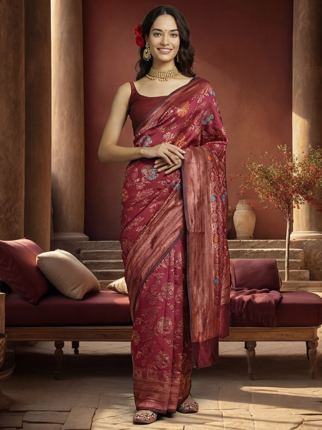 Burgundy Dream: Weaving Work Banarasi Silk Saree