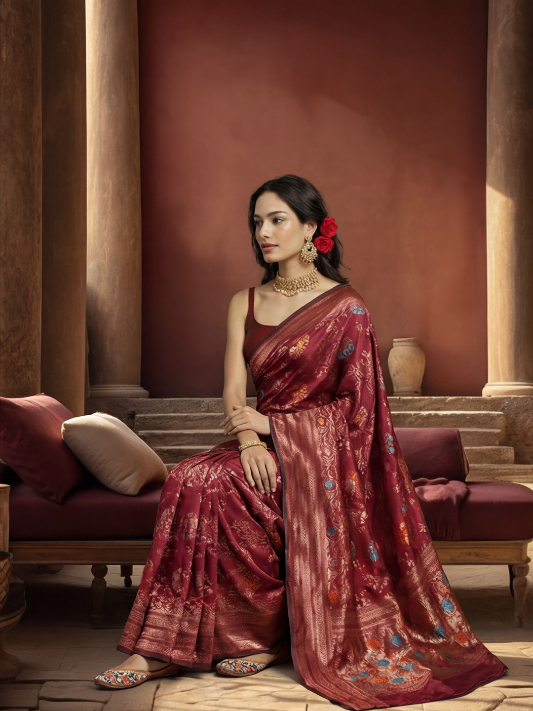 Burgundy Dream: Weaving Work Banarasi Silk Saree