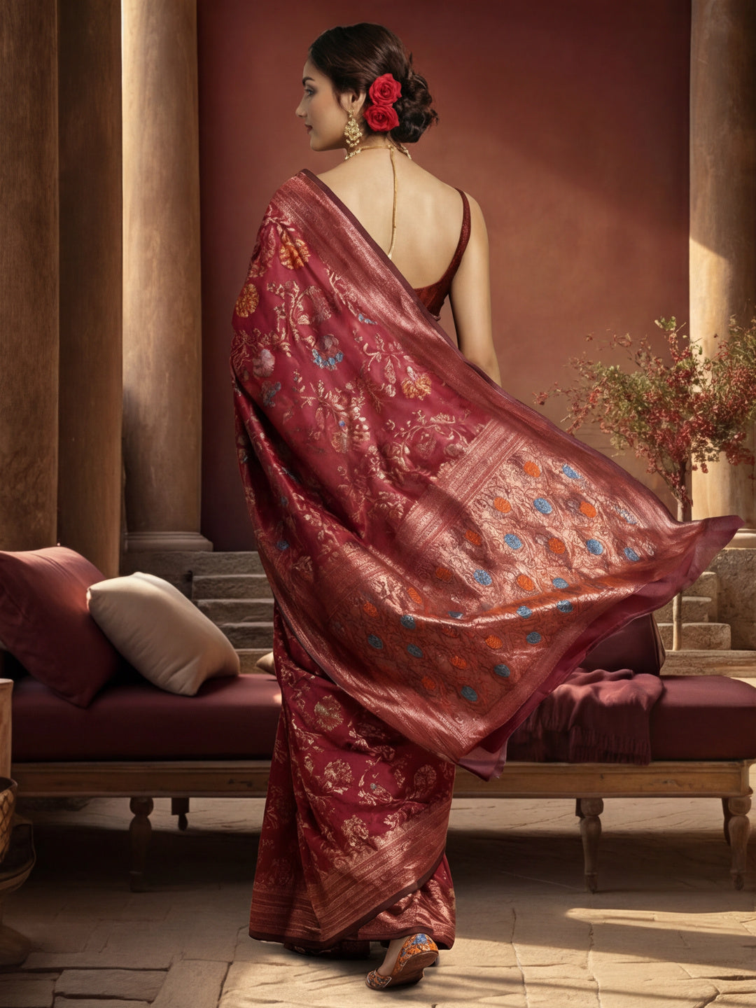 Burgundy Dream: Weaving Work Banarasi Silk Saree