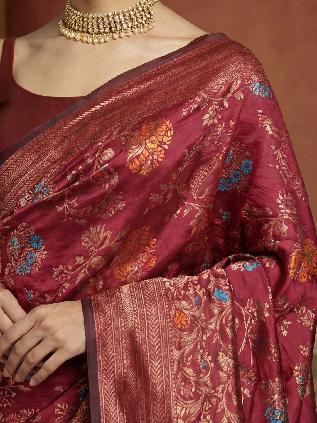 Burgundy Dream: Weaving Work Banarasi Silk Saree
