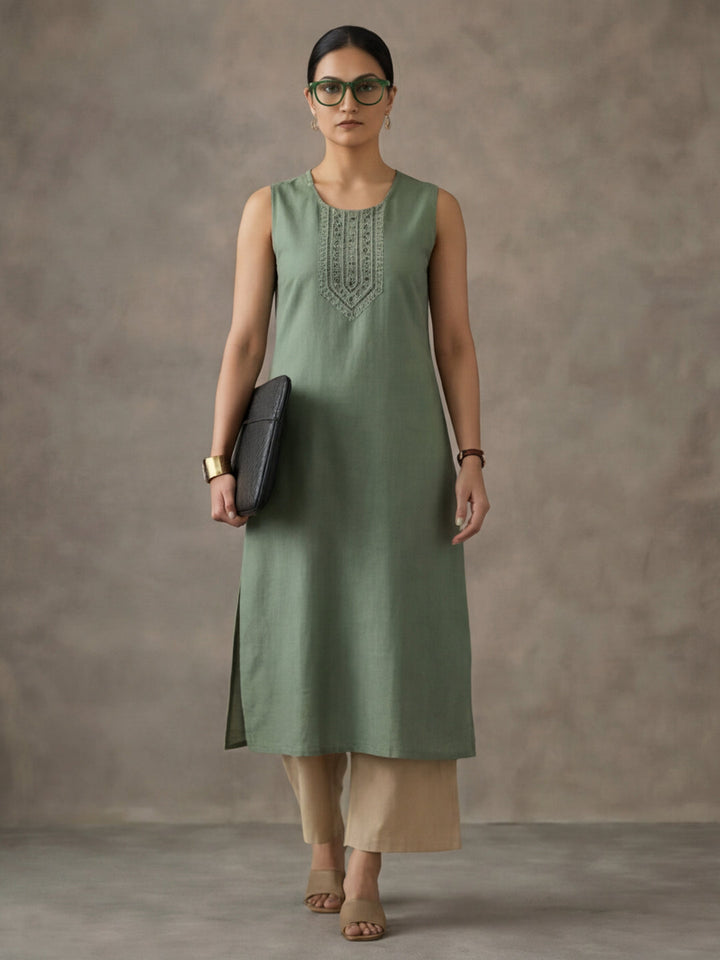 Green Embroidered Sleeveless Kurta