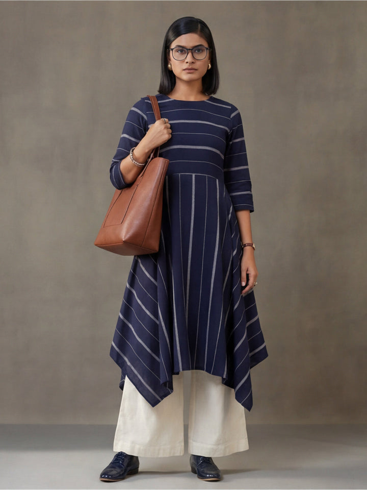 Navy Blue & Off-White Cotton Striped A-Line Kurta