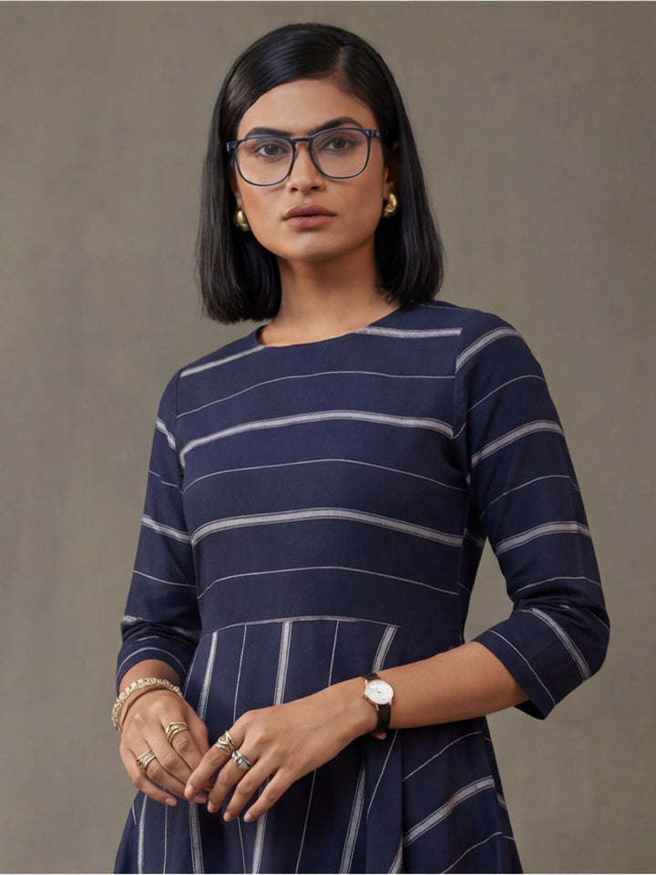 Navy Blue & Off-White Cotton Striped A-Line Kurta