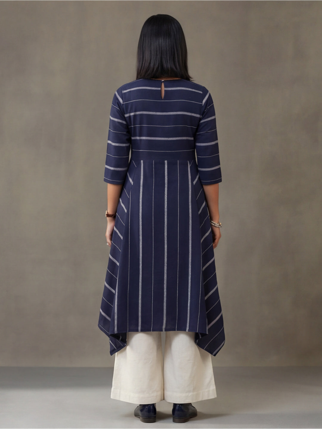 Navy Blue & Off-White Cotton Striped A-Line Kurta
