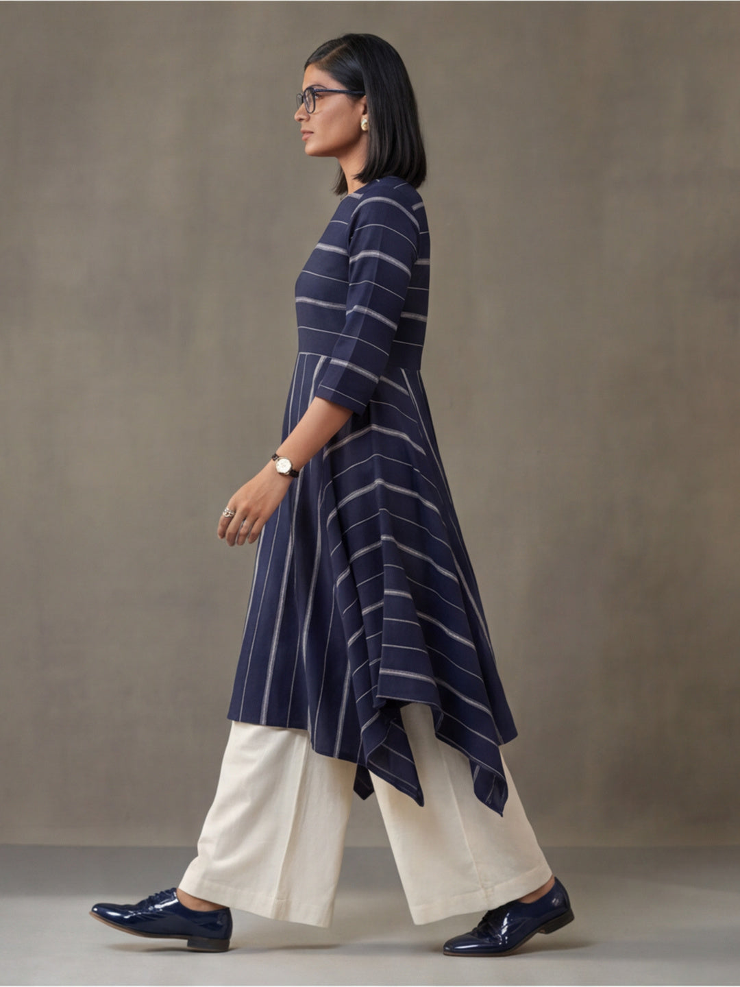 Navy Blue & Off-White Cotton Striped A-Line Kurta