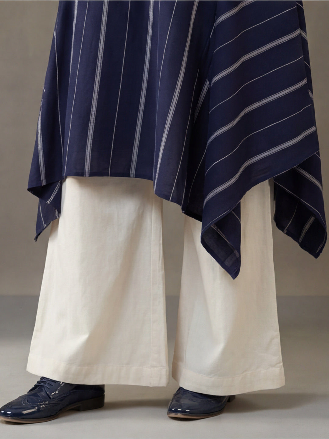 Navy Blue & Off-White Cotton Striped A-Line Kurta