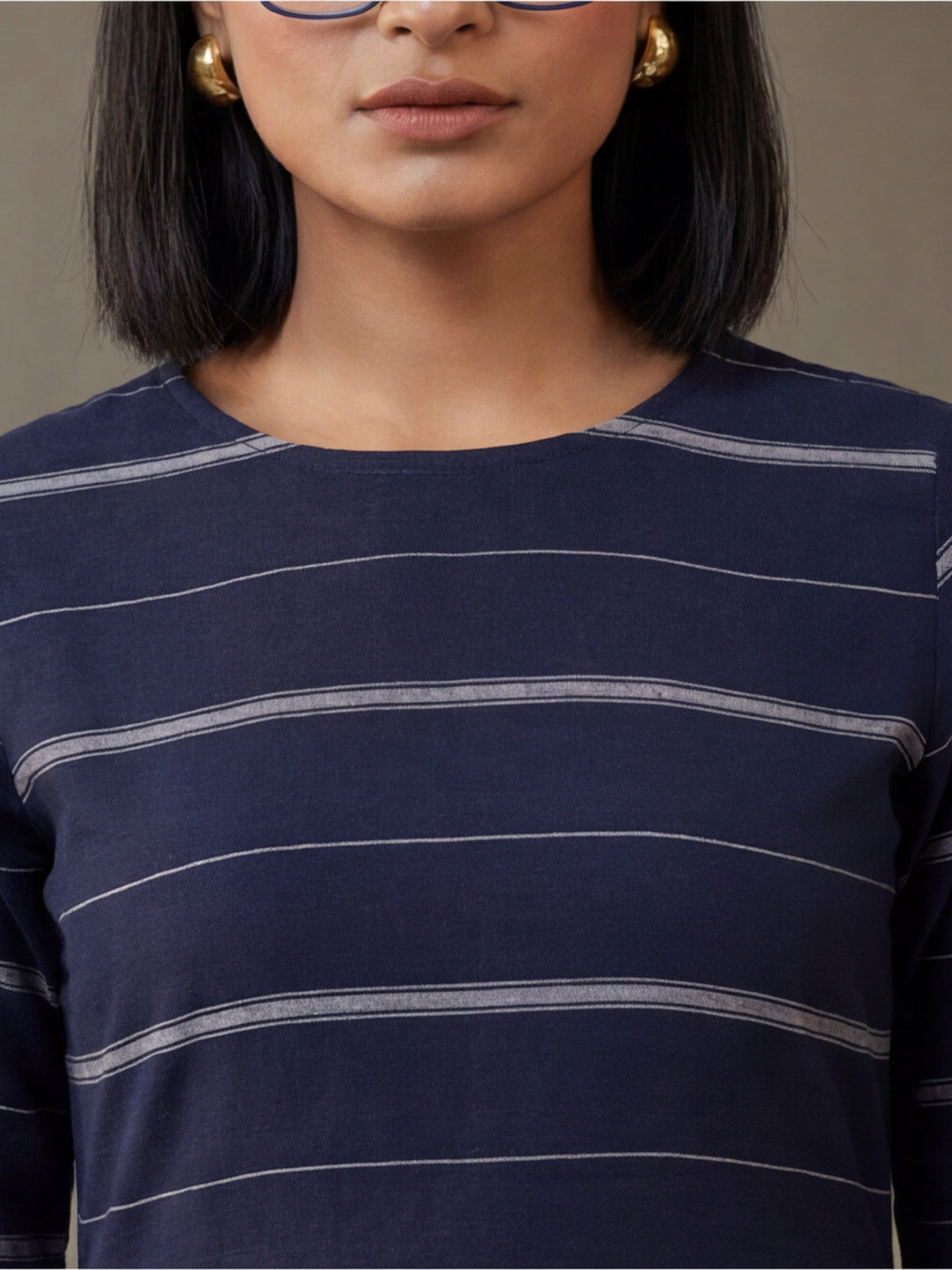 Navy Blue & Off-White Cotton Striped A-Line Kurta