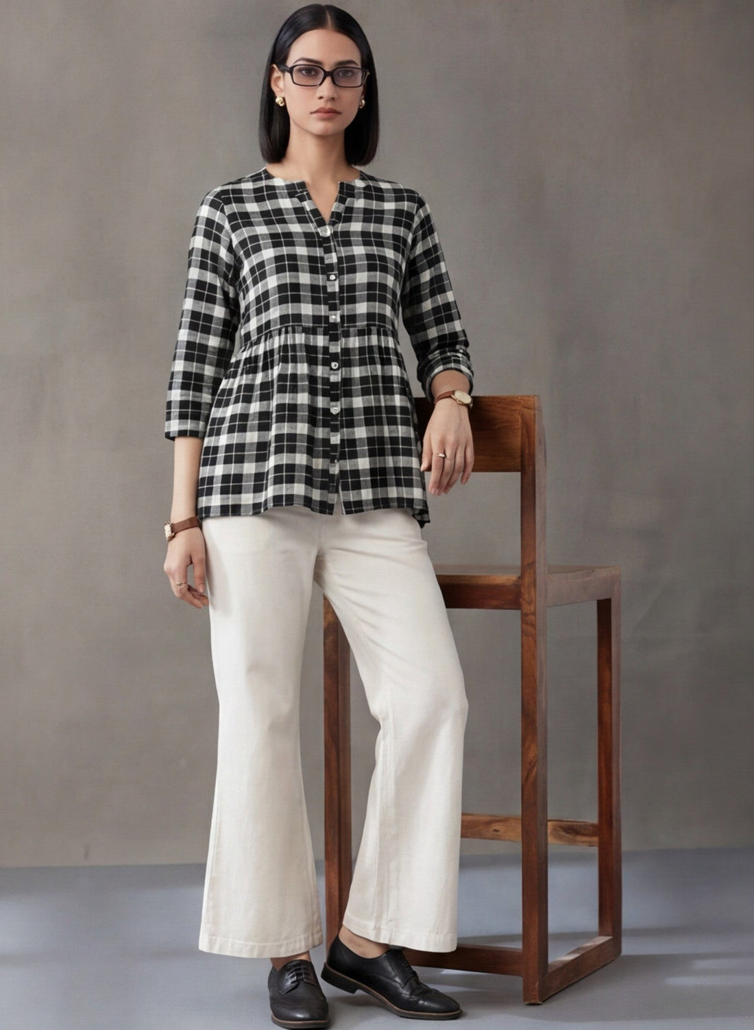 Checked Cotton Kurti With Gathered Detail