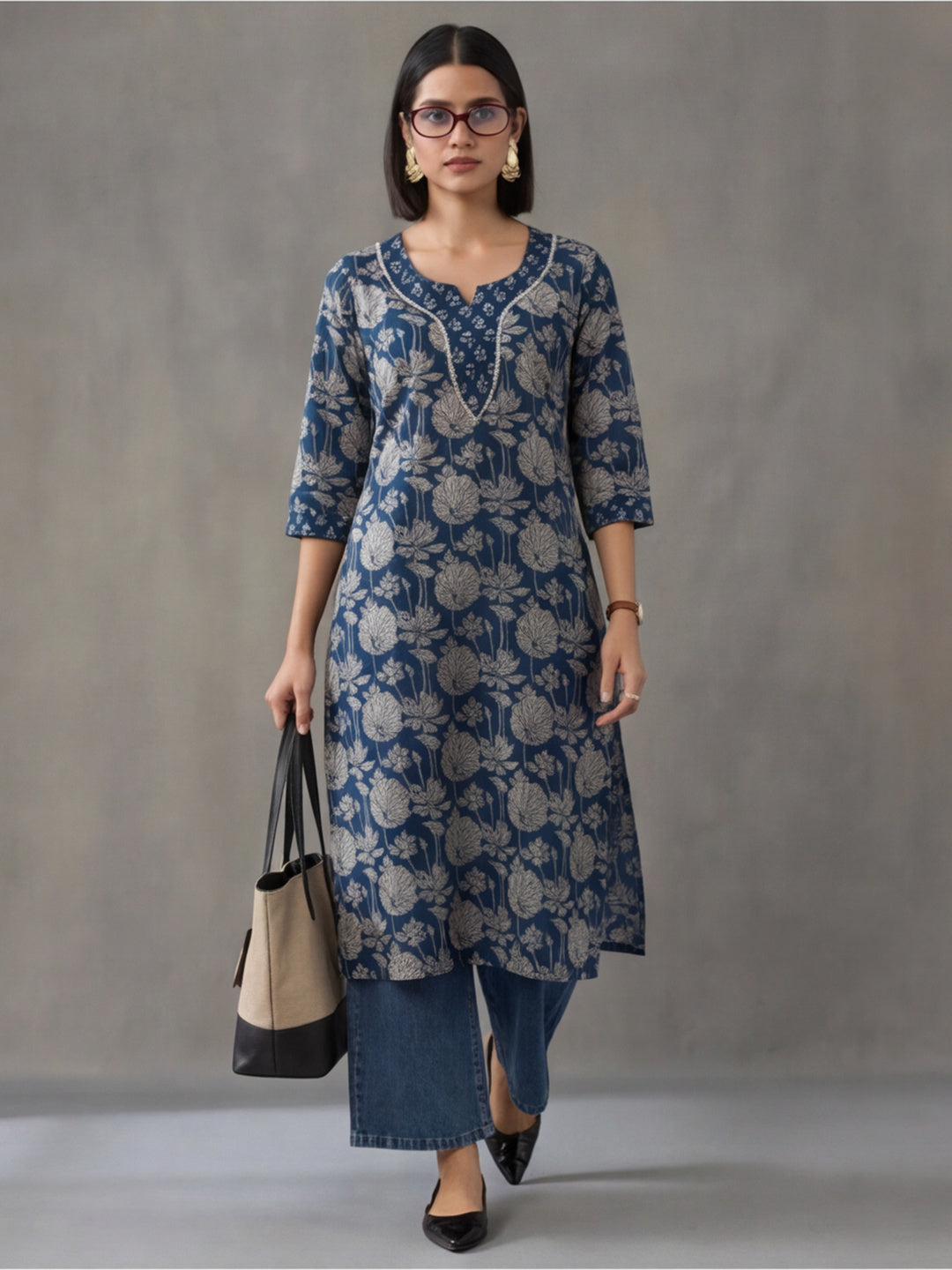Floral Embroidered Straight Pure Cotton Kurta